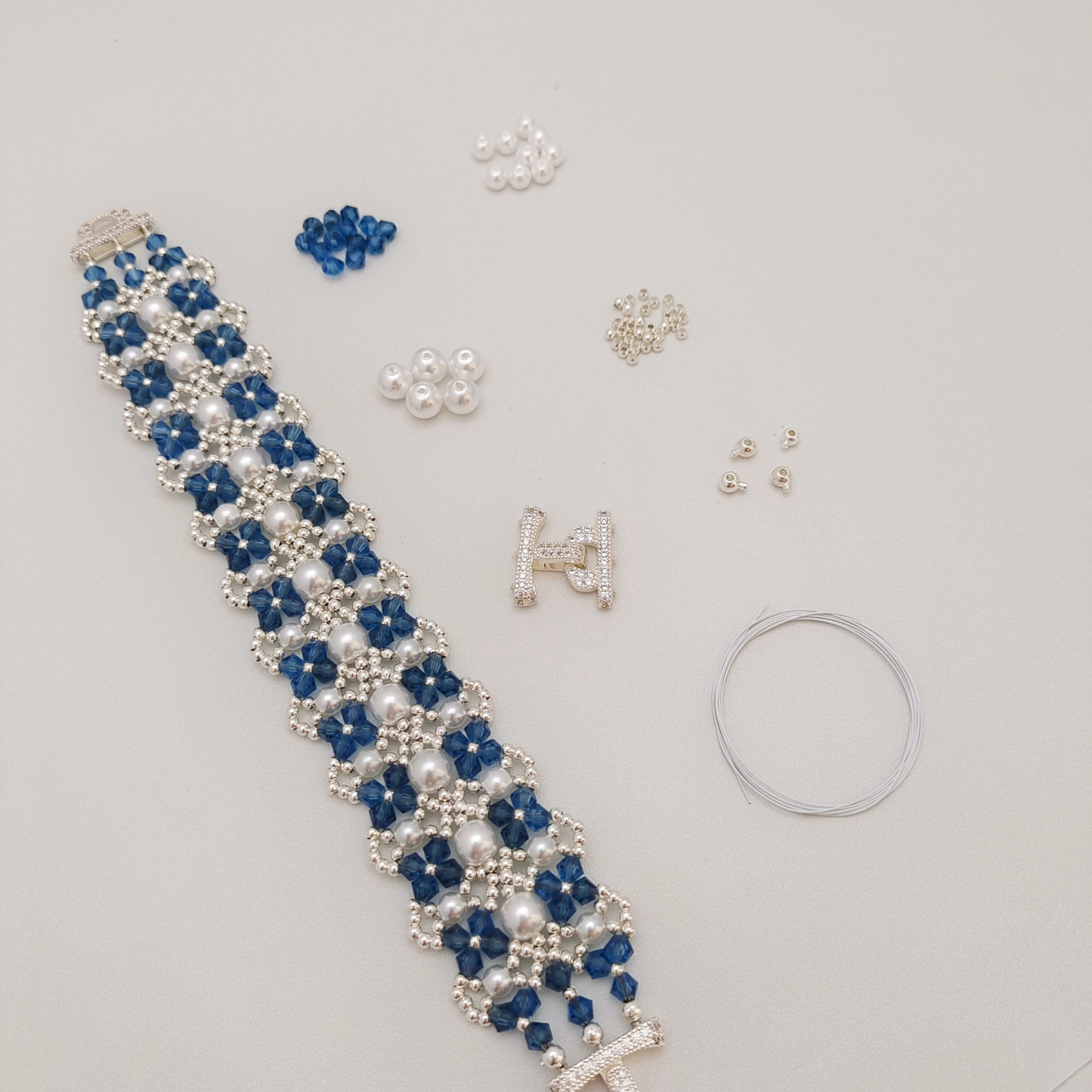 【No.83】 DIY Bracelet Craft Kit – French Lace Beaded Pearl & Crystal Bracelet with 3-Row Clasp
