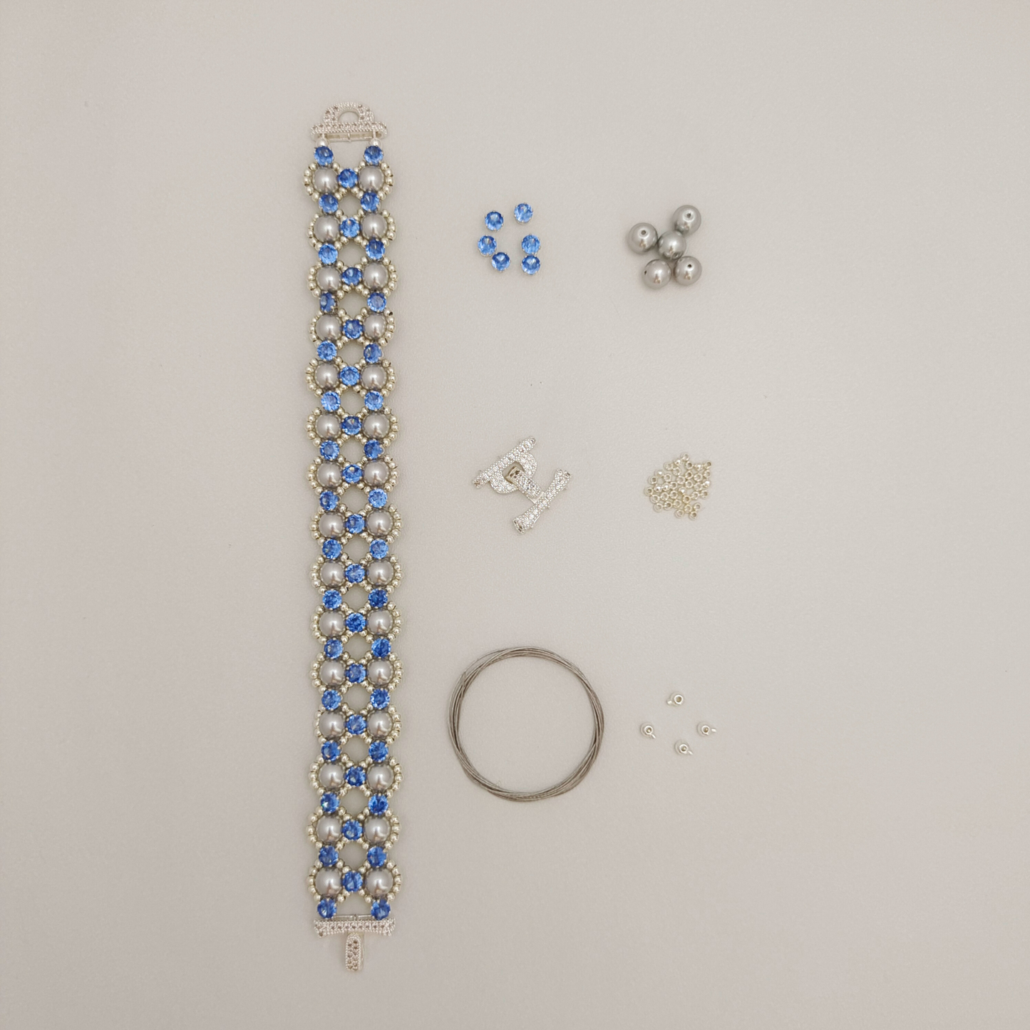 【No.98】DIY Kit – Fancy Blue Handmade Bracelet | Pearls & Cubic Zirconia | Crafting Kit | Full Tutorial