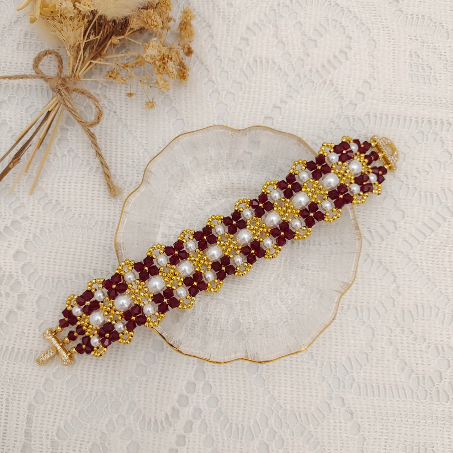 【No.83】 DIY Bracelet Craft Kit – French Lace Beaded Pearl & Crystal Bracelet with 3-Row Clasp