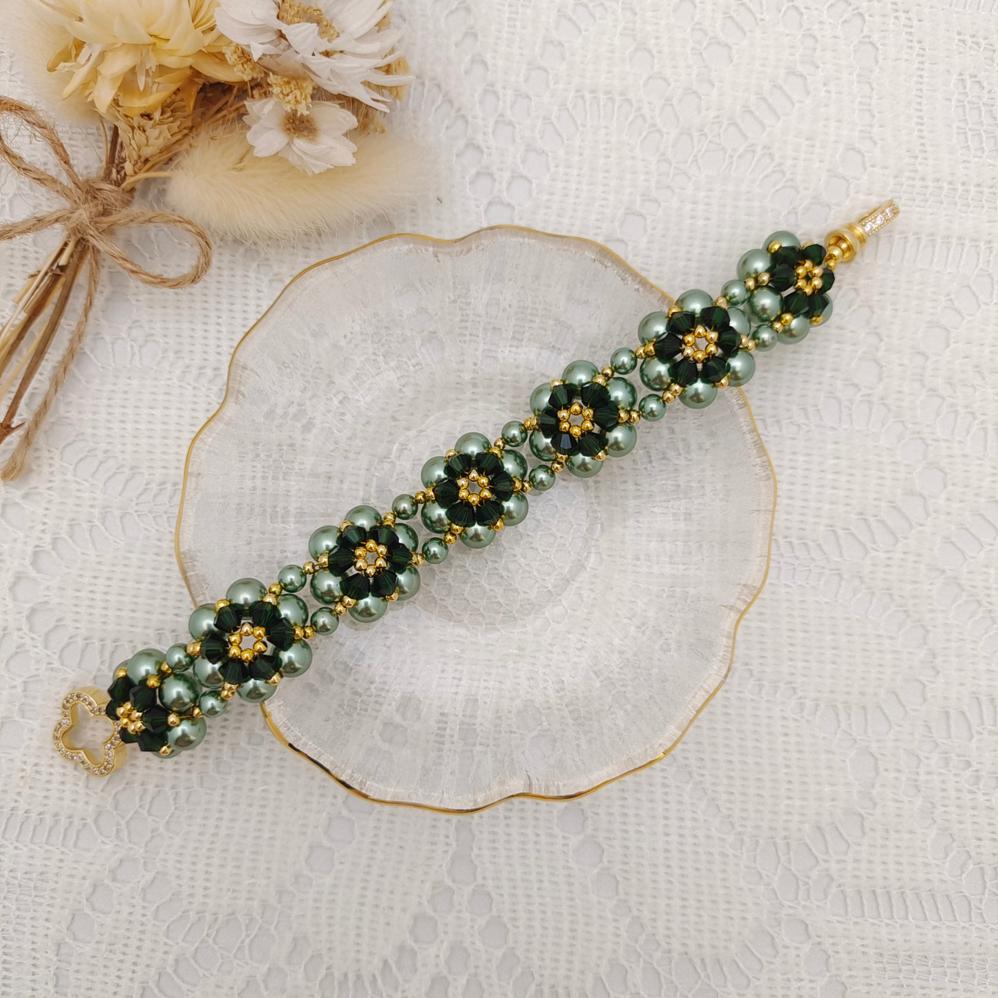 【No.80】 DIY Bracelet Craft Kit – Sunflower Crystal & Pearl Beading Set with Full Tutorial Handmade Jewelry