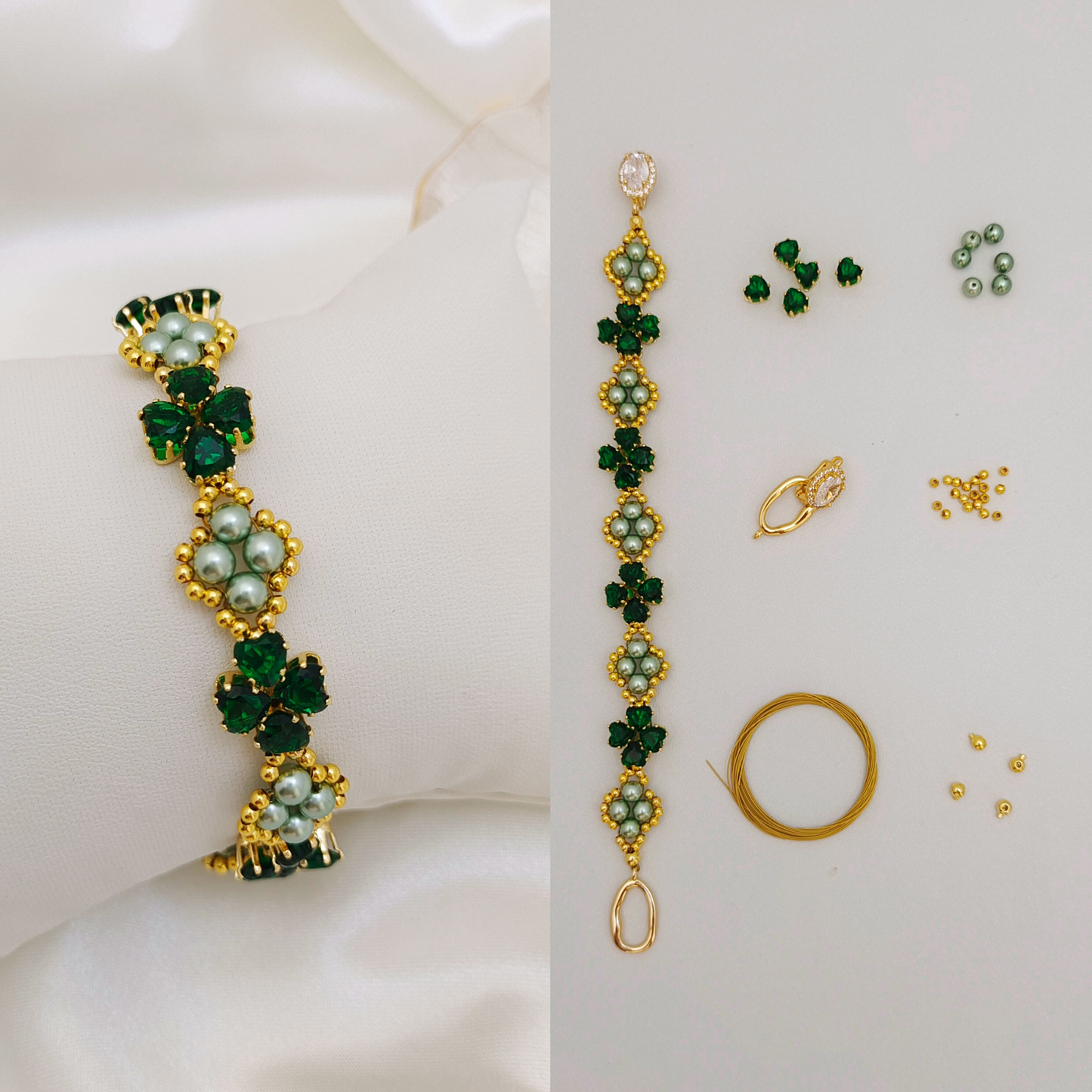 【No.70】 Clover DIY Bracelet Craft Kit Handmade Jewelry – Heart CZ Beads, Pearls, Oval Clasp & Complete Tutorial Gift for Her