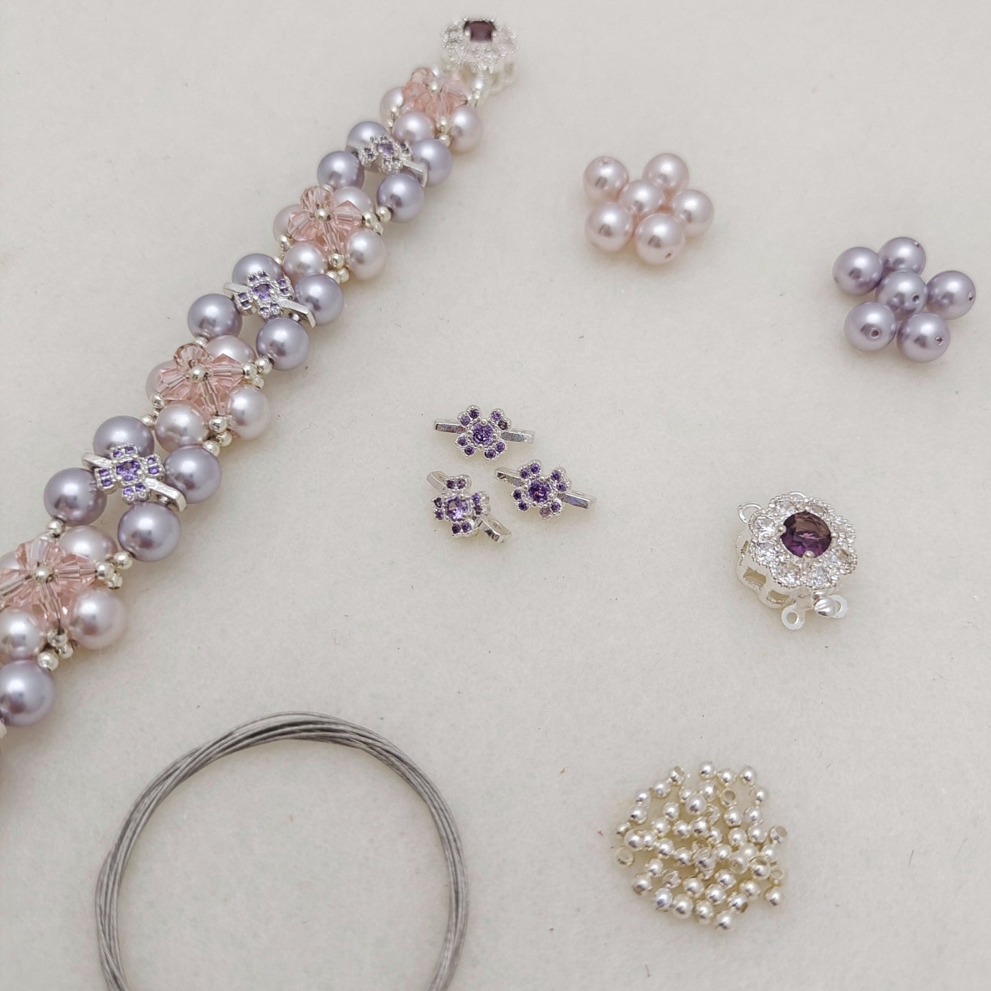 【No.128】DIY Bracelet Kit – Taro Milk Tea Design | Pearl, Diamond Beads & Zircon Clasp | Full Tutorial Included