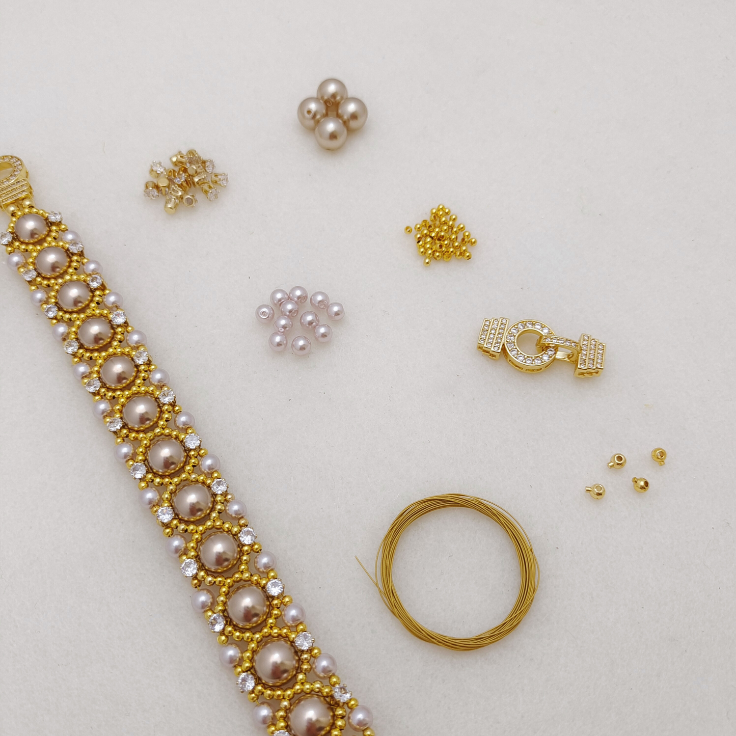 【No.114】DIY Beading Kit | Aureate Bead Blossom Bracelet Materials + Full Tutorial | Pearls, CZ Beads & Lollipop O-Clasp