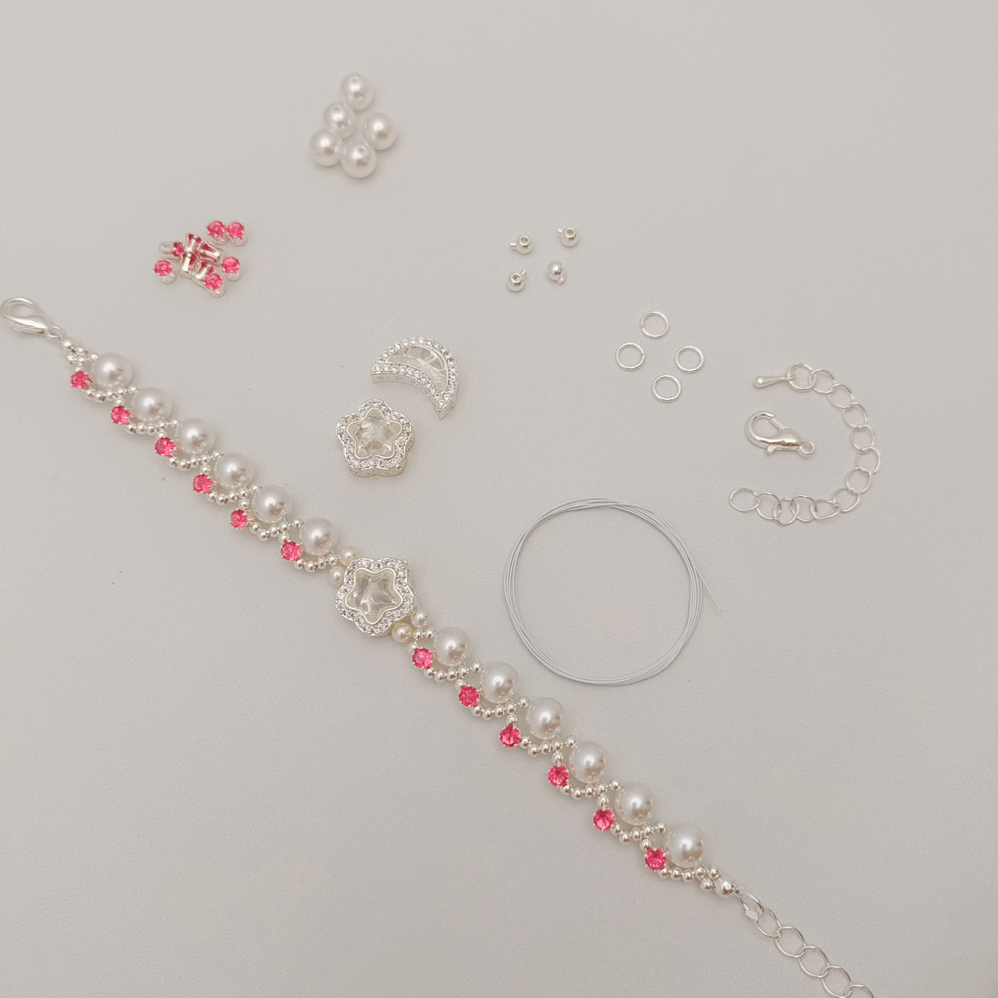 【No.50】 Star & Moon DIY Bracelet Craft Kit with Pearls & Cubic Zirconia | Complete Jewelry Making Kit