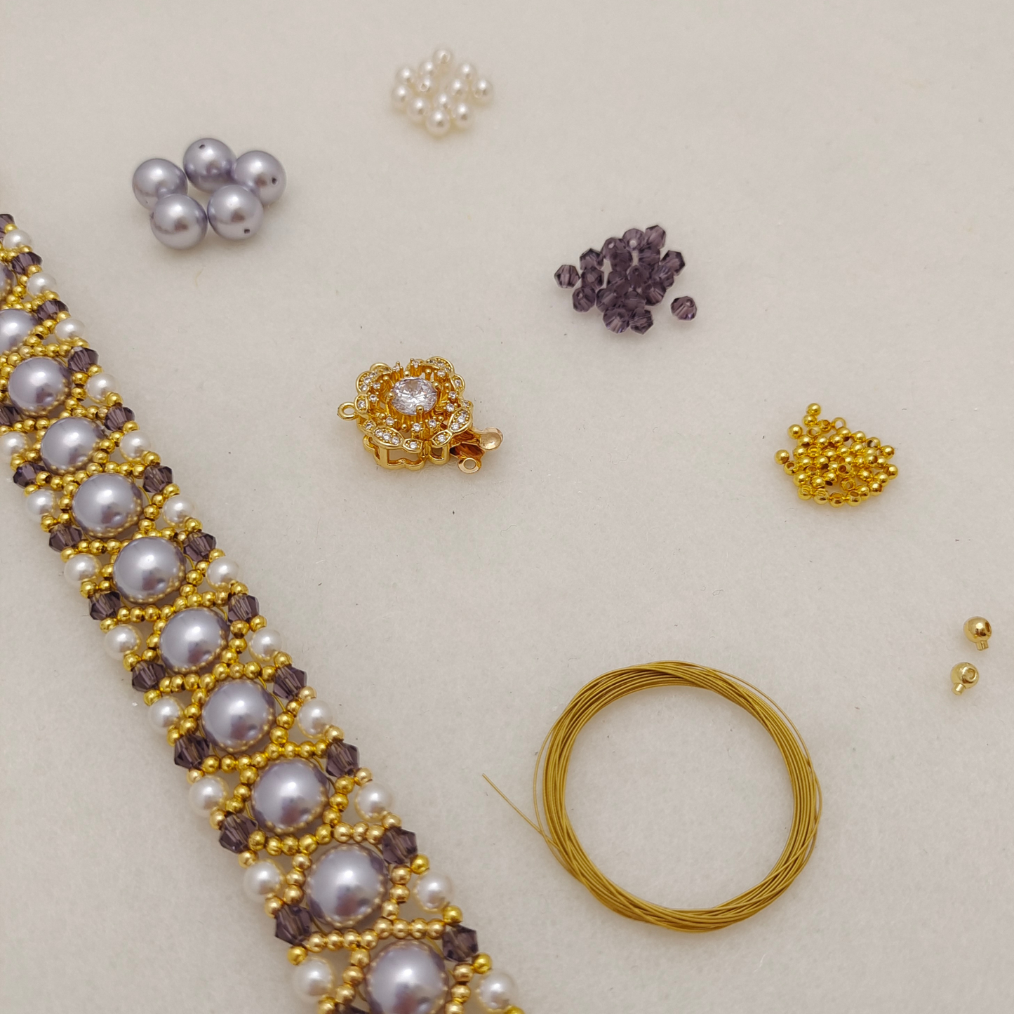 【No.113】DIY Beading Kit | Violet Pearl Weave Bracelet Materials + Full Tutorial | Pearls, Crystal Beads & Clasp Set