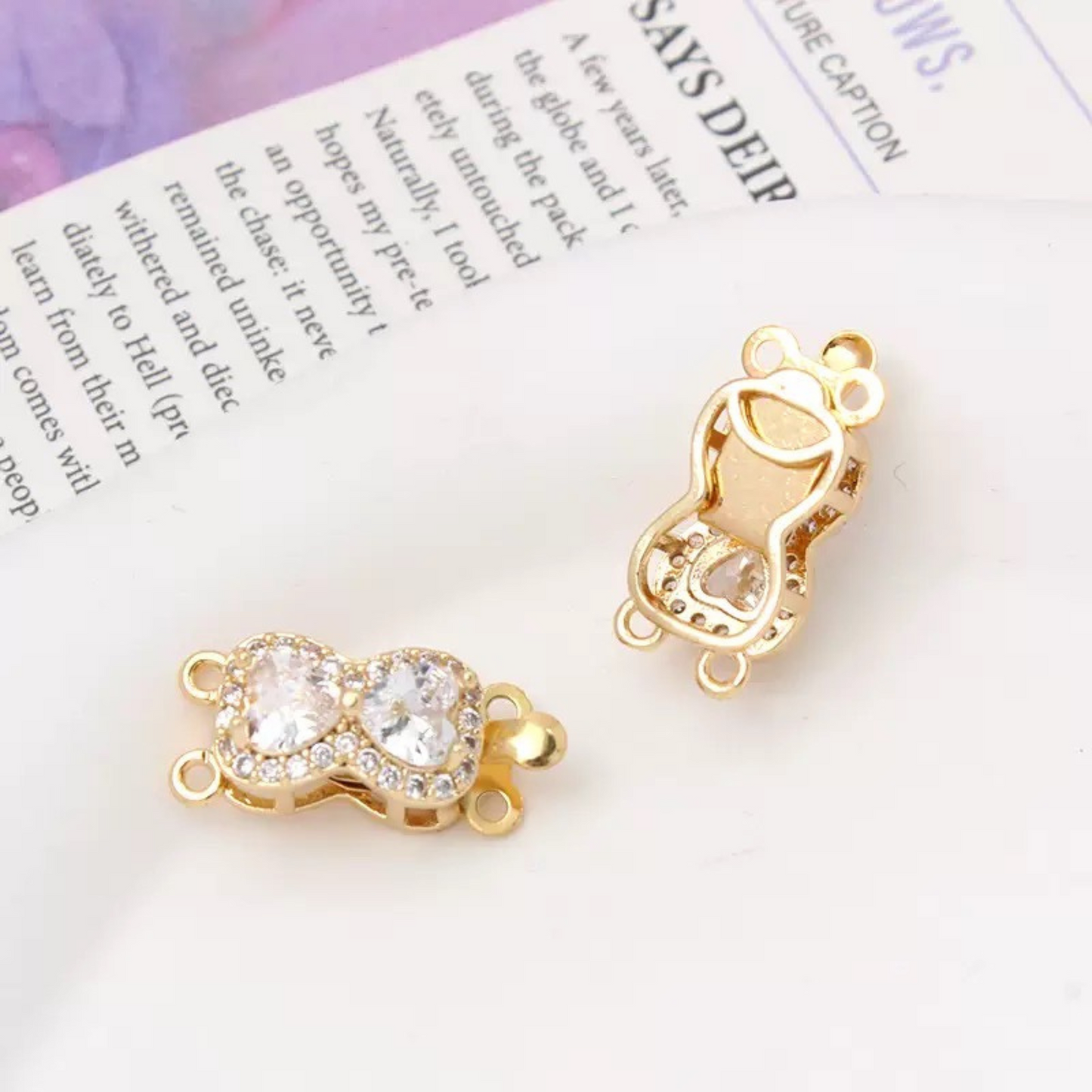 【B07】Butterfly Box Clasp – Gold-Plated Alloy with Cubic Zirconia, Single/Double Hole DIY Jewelry Connector