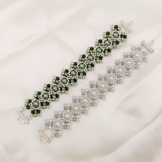 【No.53】 Vintage Peacock Green Handmade Bracelet Beaded Bracelet | Pearl & Crystal | Finished DIY Jewelry