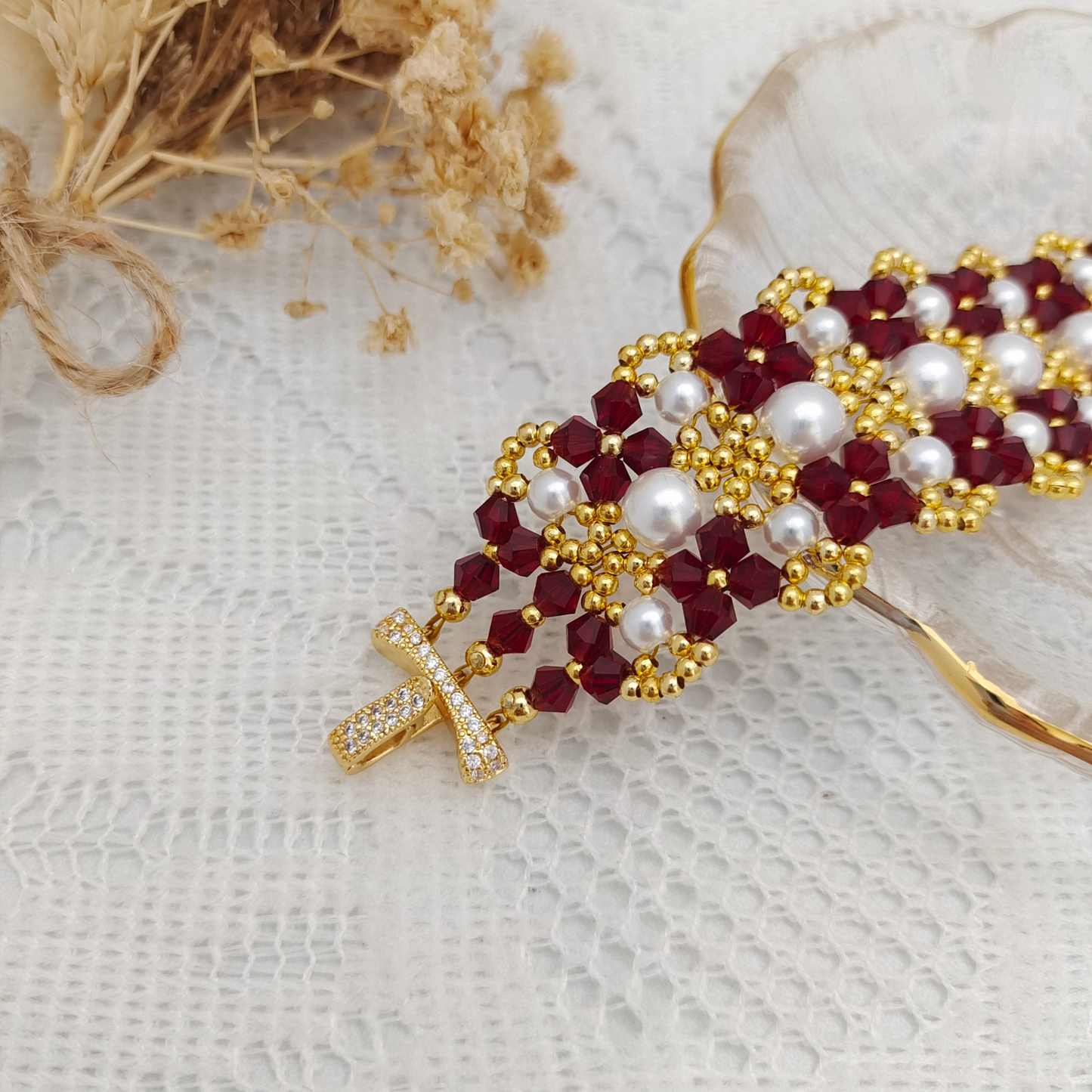 【No.83】 Handmade Bracelet – French Lace Triple-Strand Design with Pearls & Diamond Crystal Beads DIY Jewelry