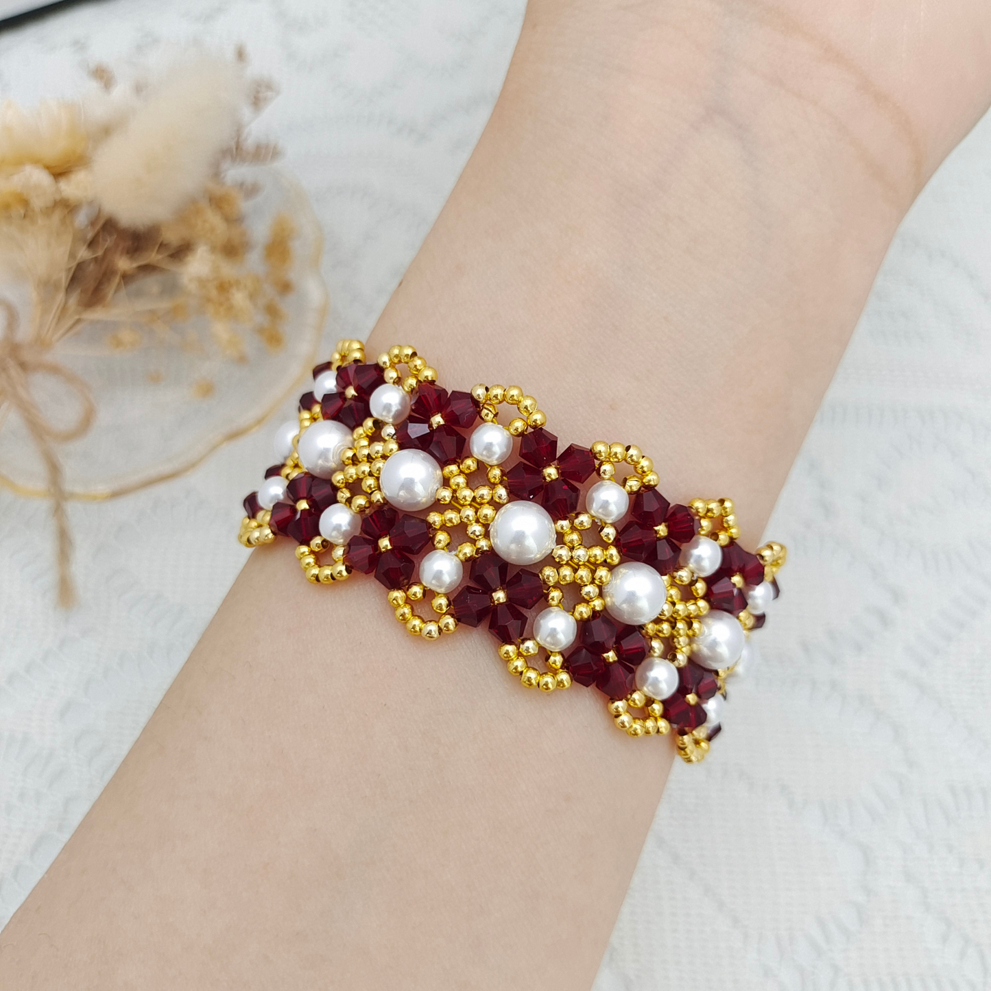 【No.83】 DIY Bracelet Craft Kit – French Lace Beaded Pearl & Crystal Bracelet with 3-Row Clasp