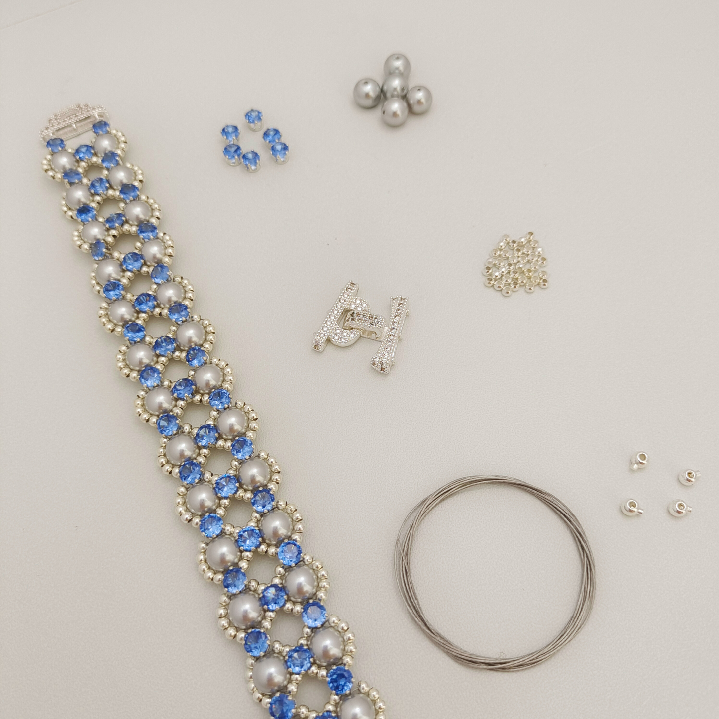 【No.98】DIY Kit – Fancy Blue Handmade Bracelet | Pearls & Cubic Zirconia | Crafting Kit | Full Tutorial