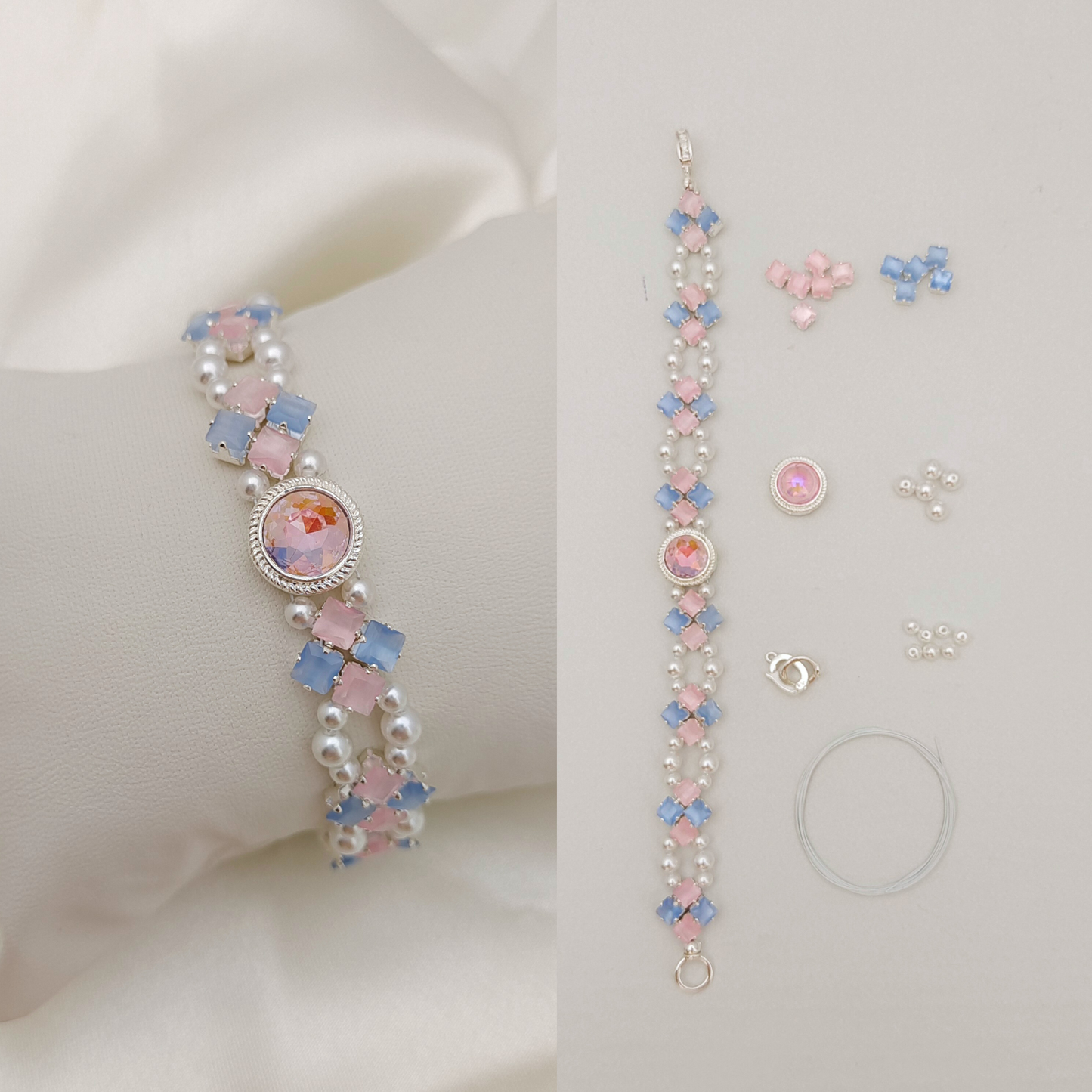 【No.61】 Cat Eye Clover Double-Layer DIY Bracelet Craft Kit | Pearl & Zircon Beading Set with Full Tutorial Handmade Jewelry
