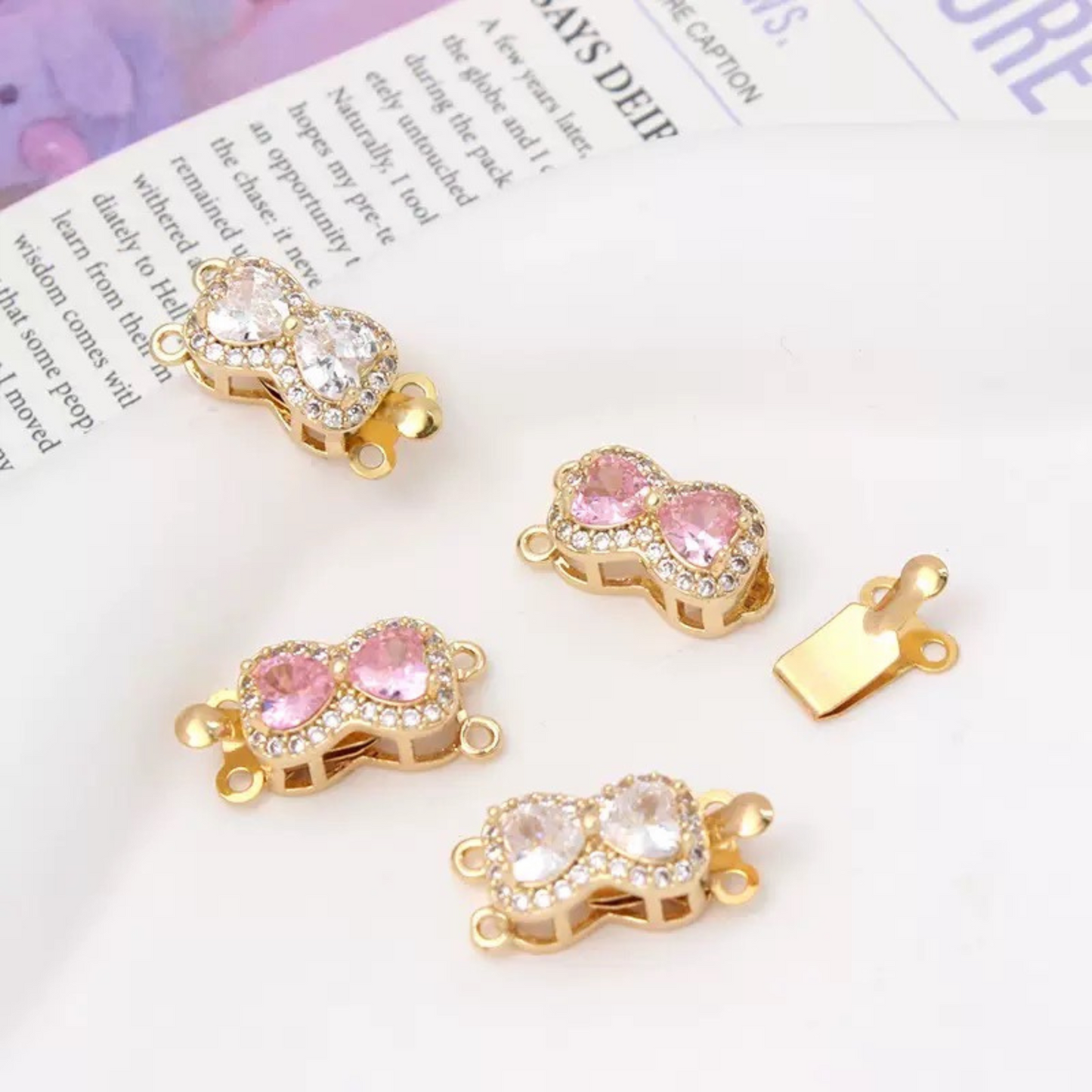 【B07】Butterfly Box Clasp – Gold-Plated Alloy with Cubic Zirconia, Single/Double Hole DIY Jewelry Connector