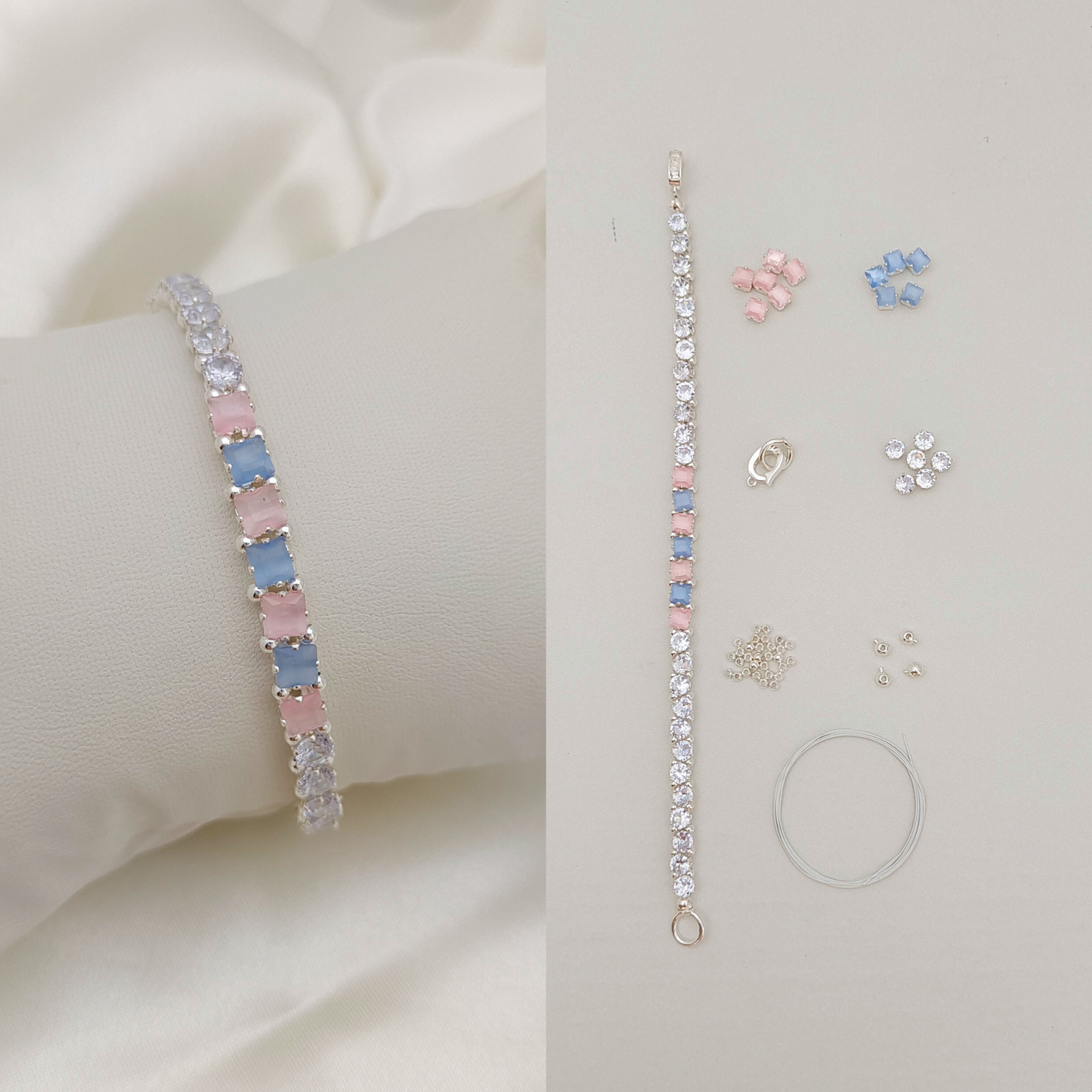 【No.61】 Cat Eye Clover Double-Layer DIY Bracelet Craft Kit | Pearl & Zircon Beading Set with Full Tutorial Handmade Jewelry