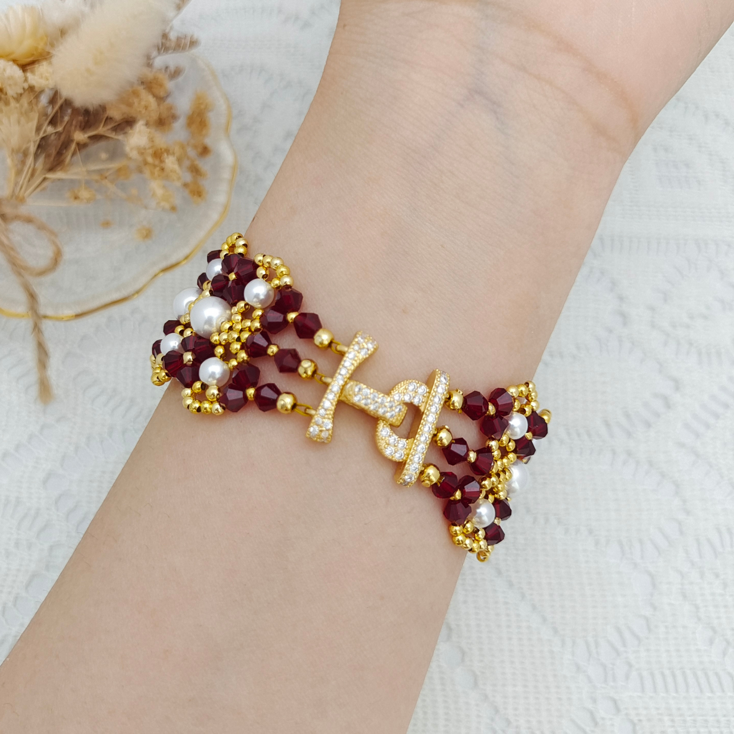【No.83】 DIY Bracelet Craft Kit – French Lace Beaded Pearl & Crystal Bracelet with 3-Row Clasp