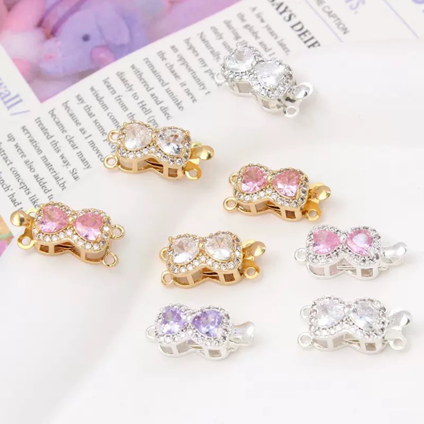【B07】Butterfly Box Clasp – Gold-Plated Alloy with Cubic Zirconia, Single/Double Hole DIY Jewelry Connector