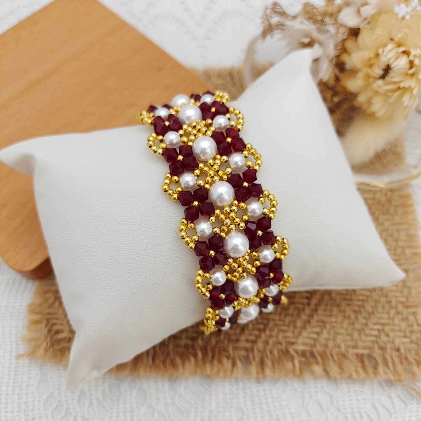 【No.83】 DIY Bracelet Craft Kit – French Lace Beaded Pearl & Crystal Bracelet with 3-Row Clasp