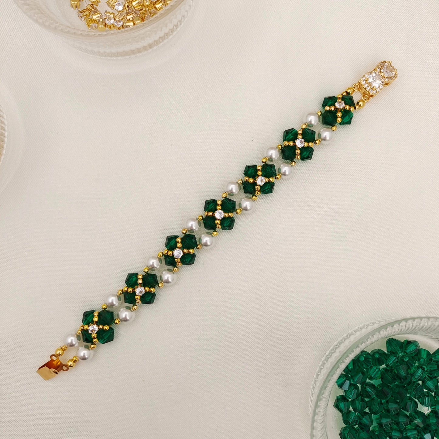 【No.126】DIY Bracelet Kit – Mary Design with Pearls, Diamond Beads & Bowknot Clasp | Complete Jewelry Tutorial