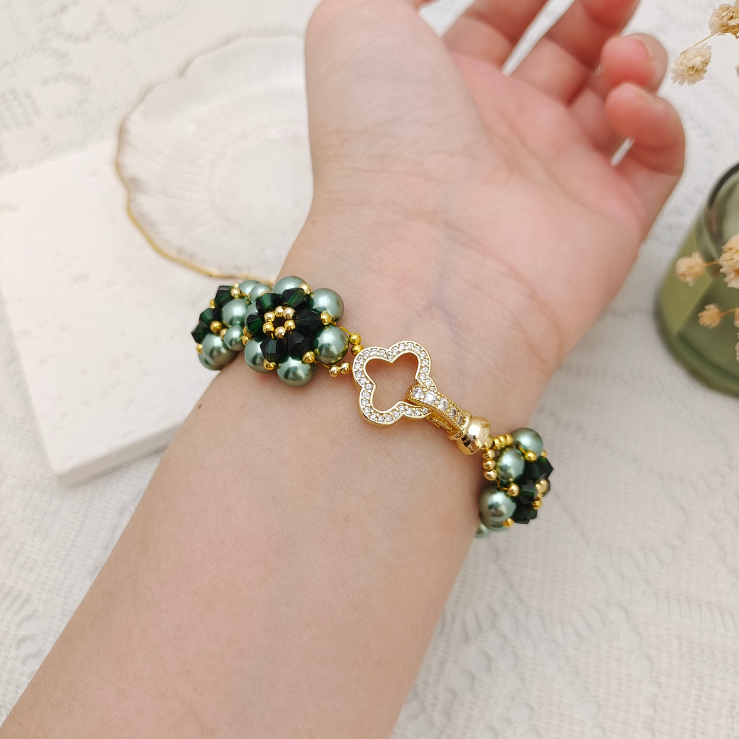 【No.80】 DIY Bracelet Craft Kit – Sunflower Crystal & Pearl Beading Set with Full Tutorial Handmade Jewelry