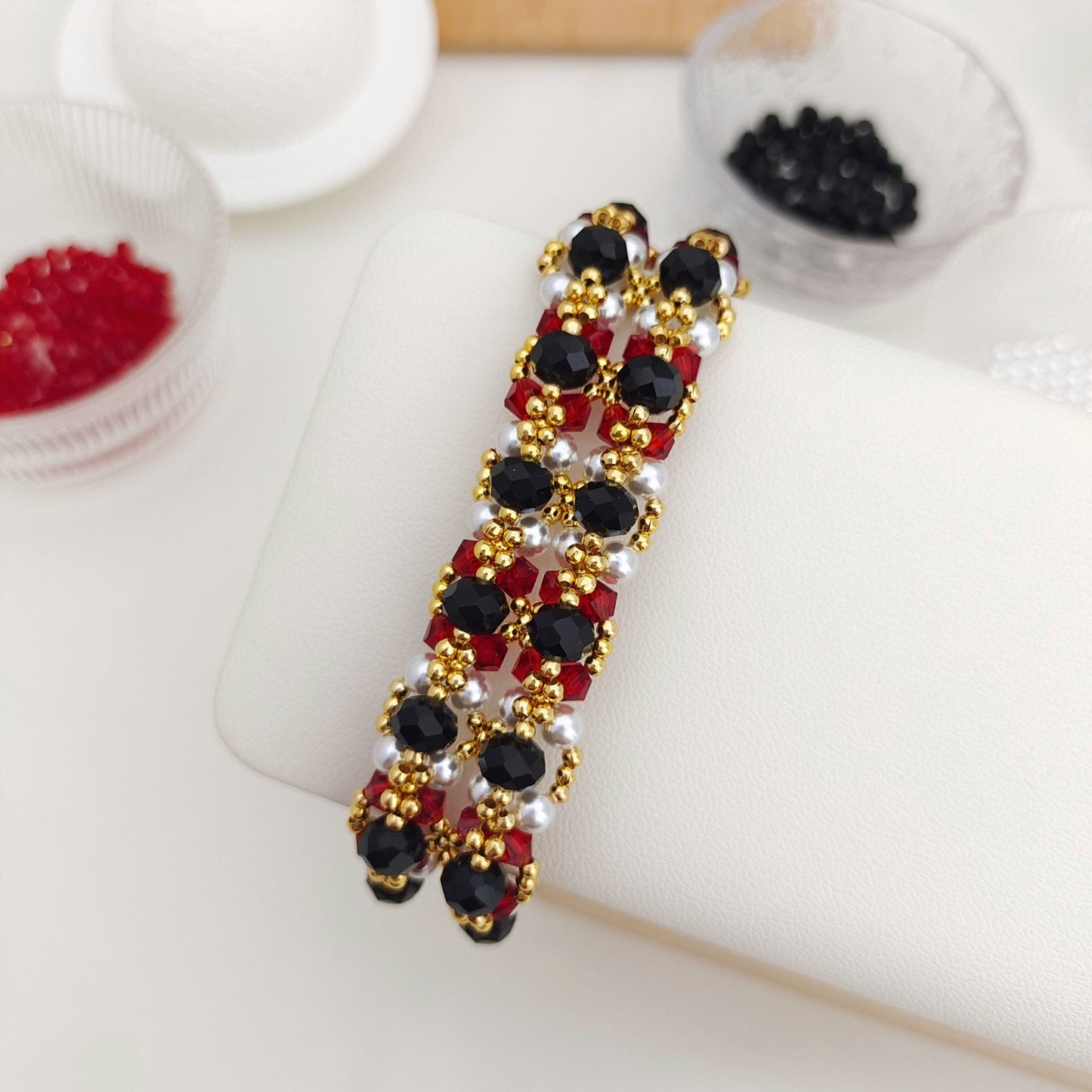 【No.172】DIY Bracelet Making Kit for Beginners - Complete Red & Black Bead Jewelry Craft Set with Video Tutorial iFCraftorium