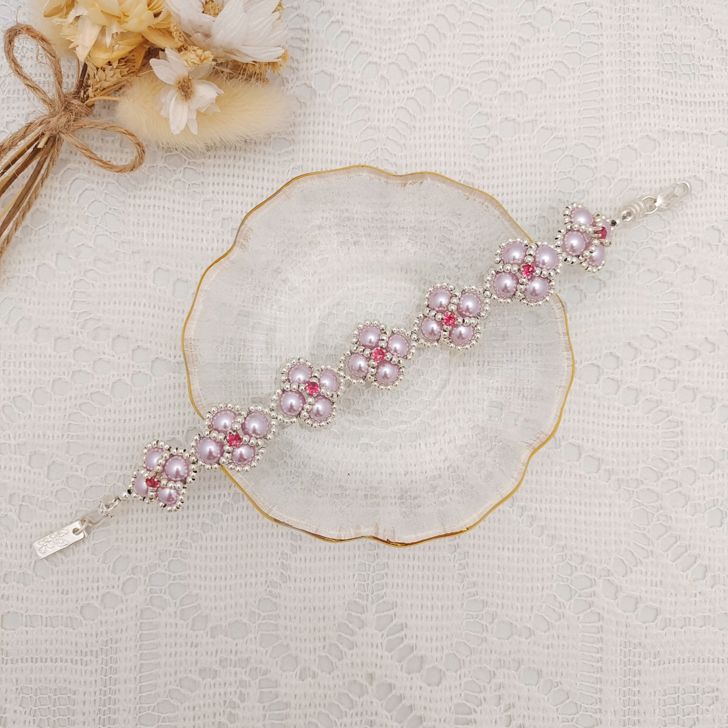 【No.103】Handmade Bracelet – “Purple Clover” Pearl & Crystal with Lobster Clasp | Elegant DIY Jewelry
