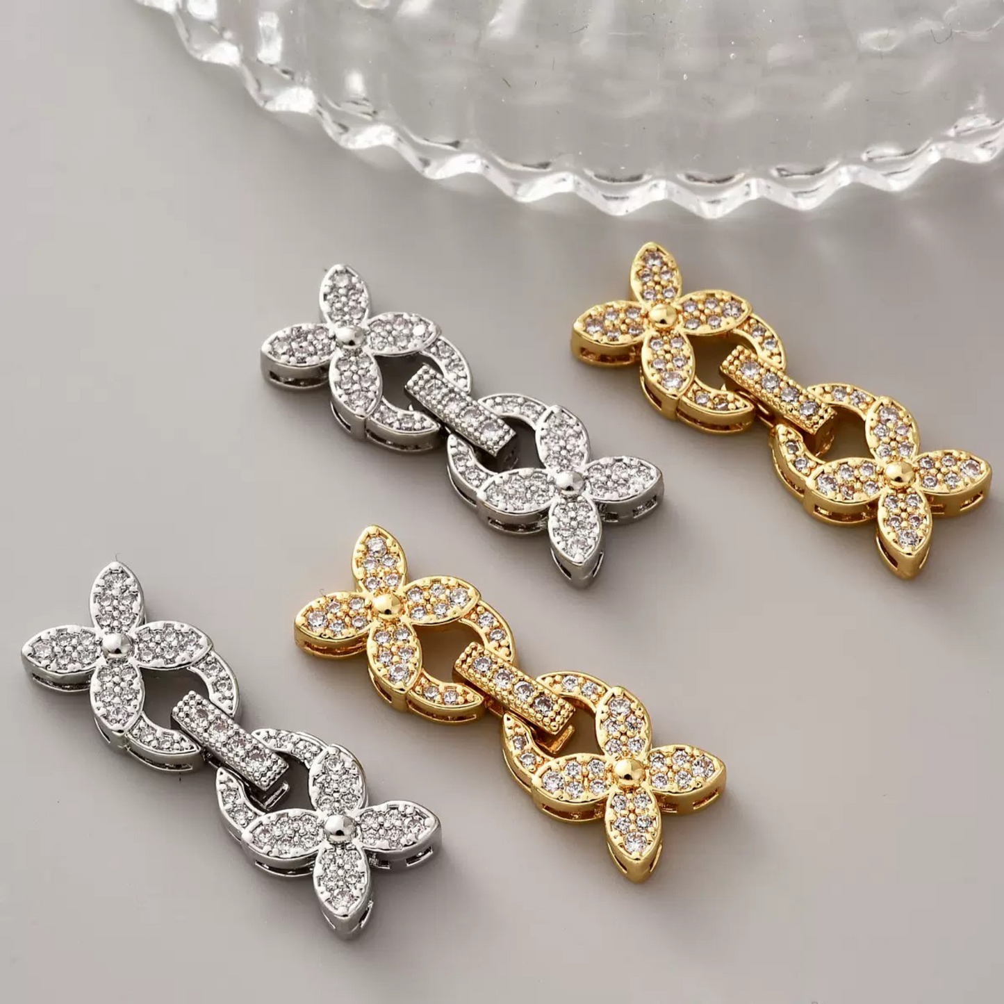 【B27】1PCS DIY Jewelry Findings – Clover Strap Clasp with Zircon | 18K Gold/Platinum Plated | Non-fading Beading Accessories