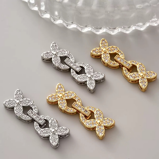 【B27】1PCS DIY Jewelry Findings – Clover Strap Clasp with Zircon | 18K Gold/Platinum Plated | Non-fading Beading Accessories