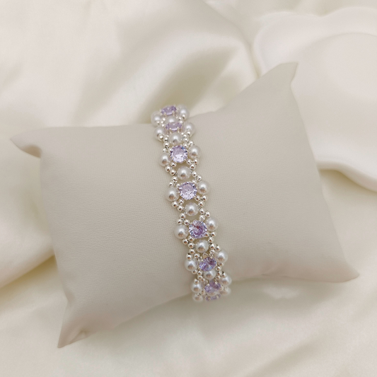 【No.62】 LilacPearl Handmade Bracelet – Purple CZ, Imitation Pearl, Silver Seed Beads DIY Jewelry Beaded Bracelet Gift for Her