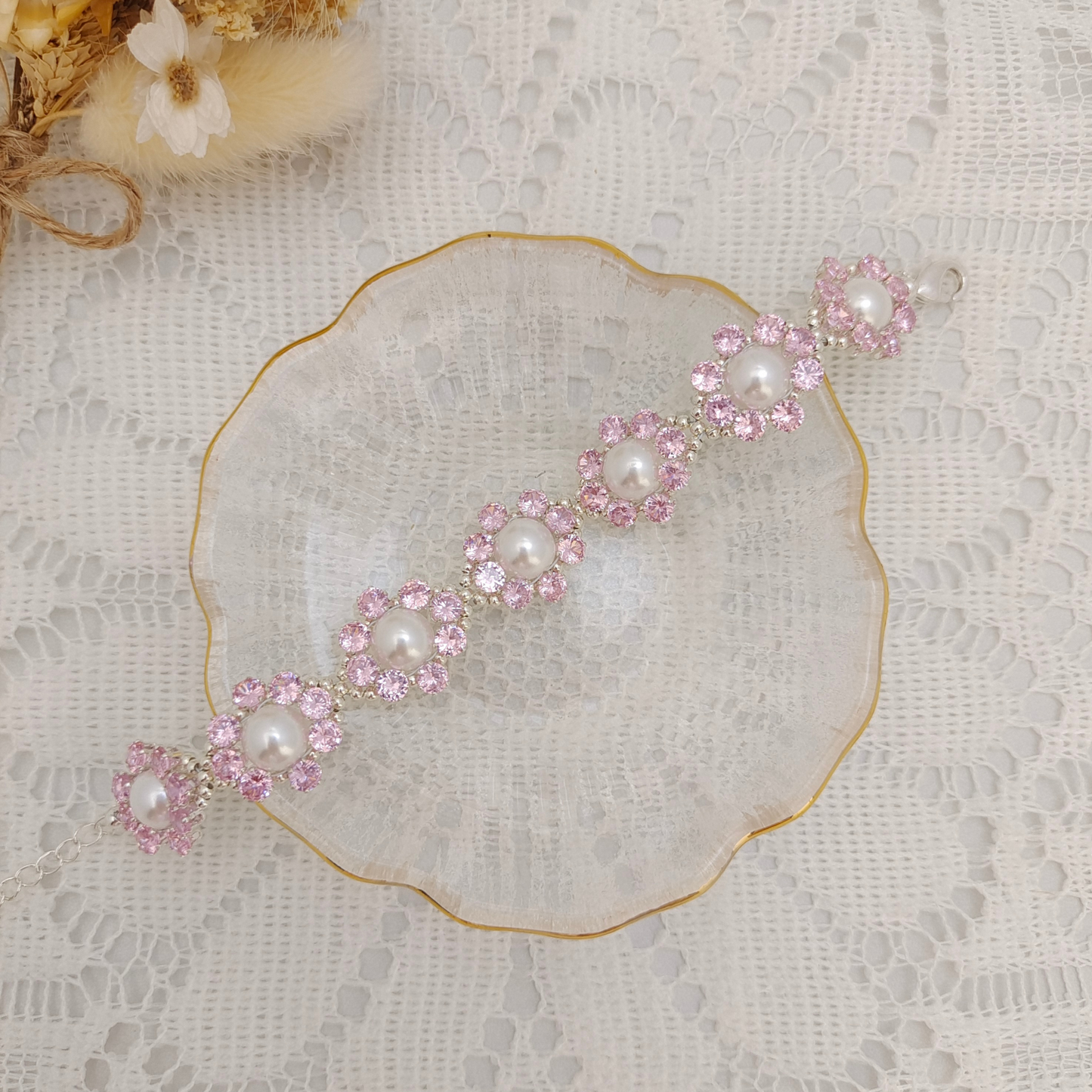 【No.93】DIY Bracelet Kit – Pink Rose Design | 8mm Pearls + Pink CZ Beads | Full Tutorial Included