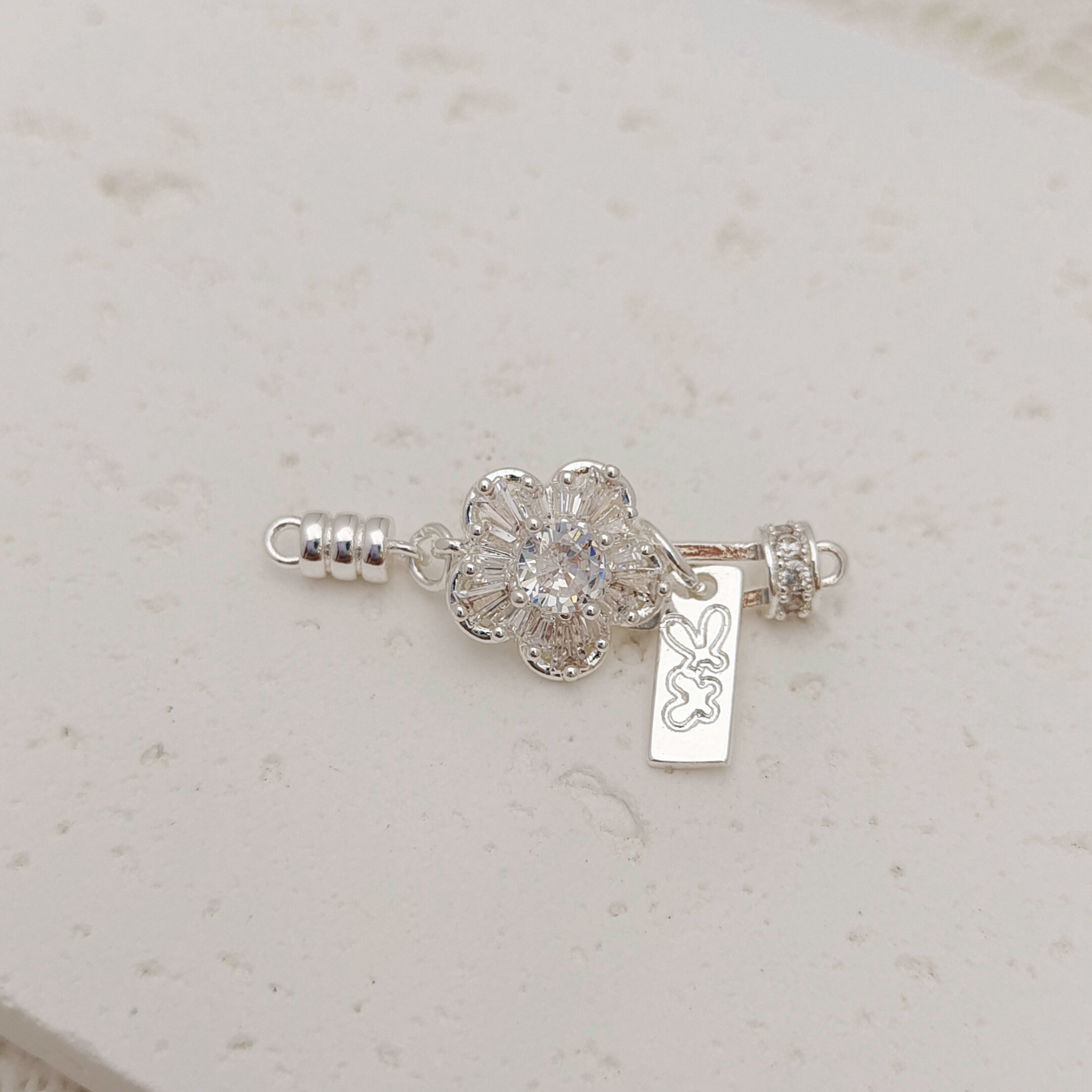 【B33】1PCS DIY Clasp – Plum Blossom Design with White Cubic Zirconia, Silver Plated, Non-Tarnish | Jewelry Making Supplies