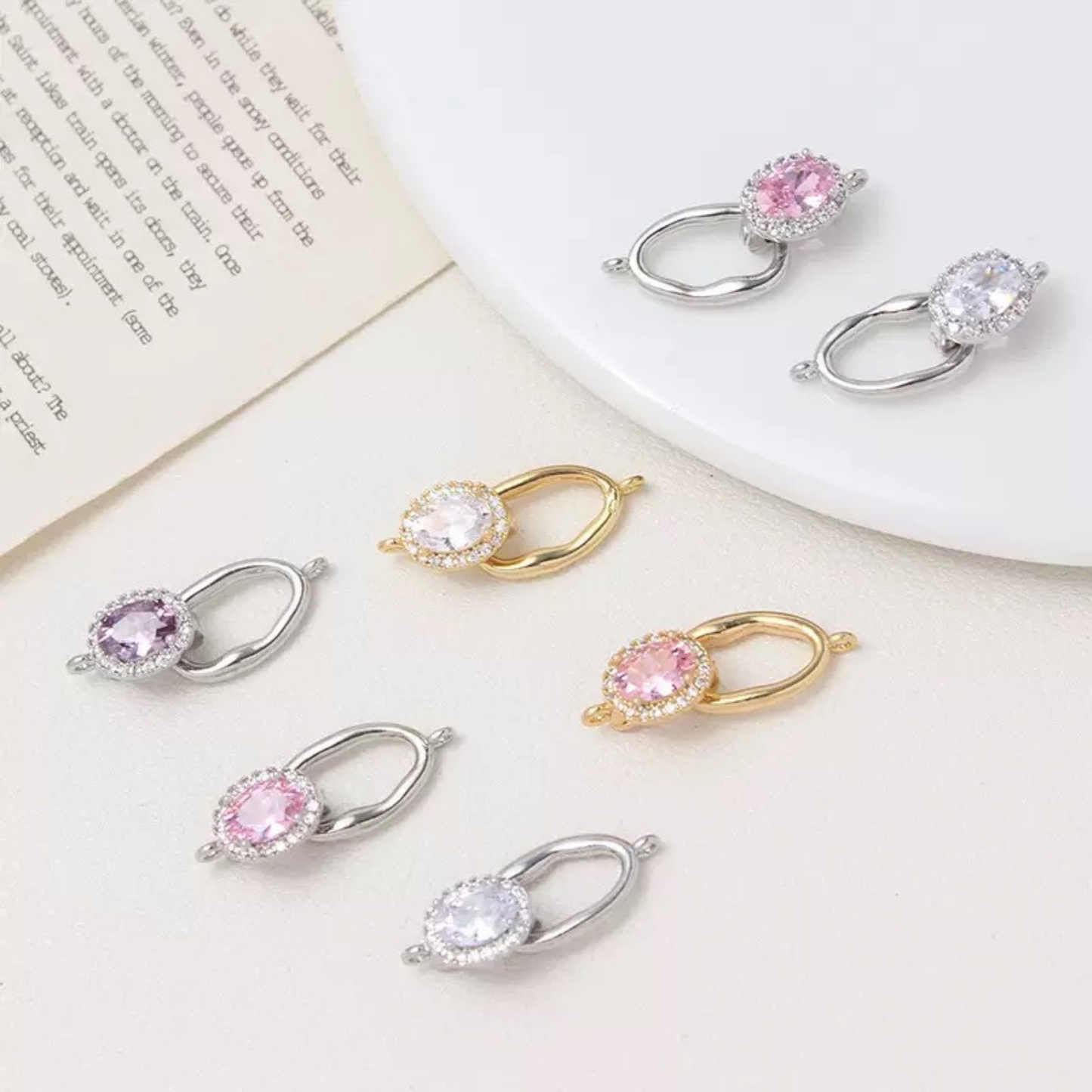 【B03】Oval Zircon Clasp Connector – 14K Gold / Platinum Tone, 8×12mm Stone, for DIY Bracelets & Necklaces