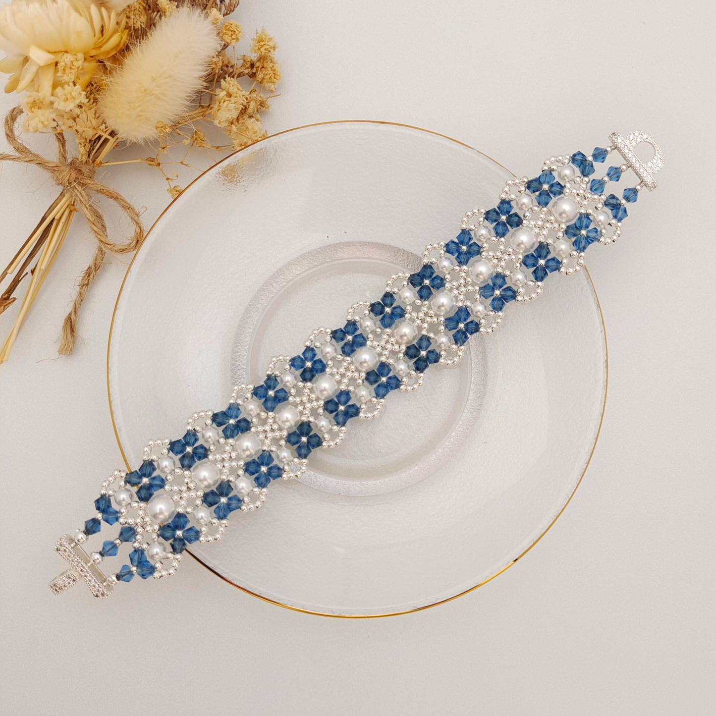 【No.83】 DIY Bracelet Craft Kit – French Lace Beaded Pearl & Crystal Bracelet with 3-Row Clasp