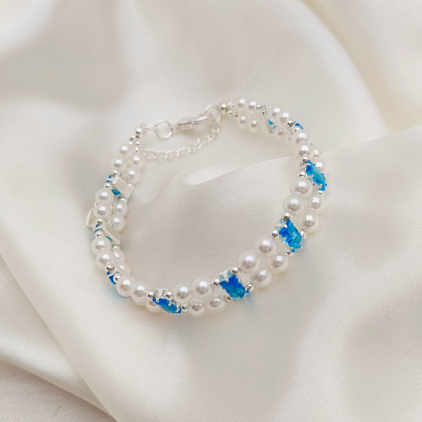 【No.37】DIY Celestial Pearl Link Handmade Bracelet | Aquamarine Zircon & Pearl | Finished Beaded Jewelry