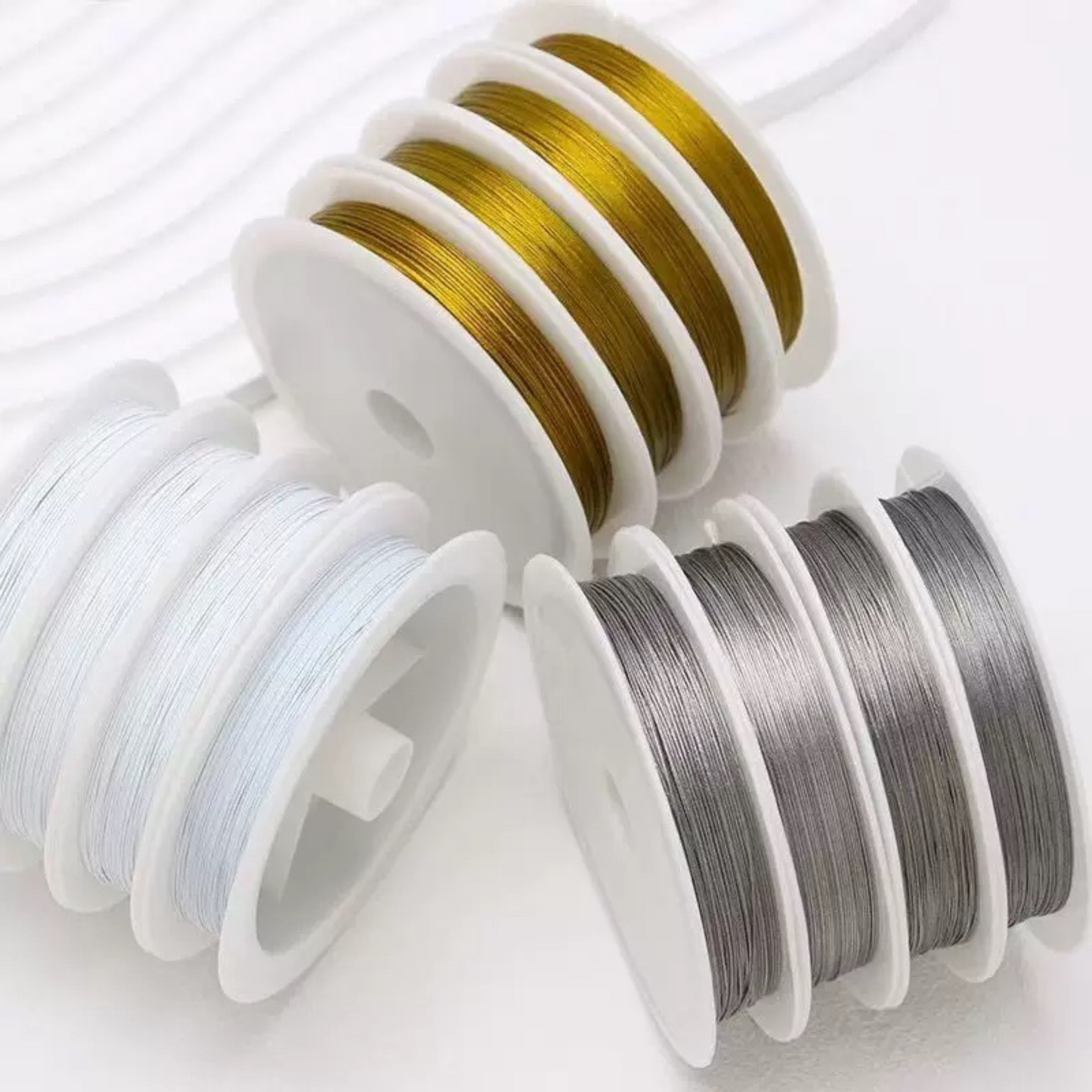 【T02】2 Roll 0.25mm Ultra-Fine Jewelry Wire | 25M Roll | Gold/Silver/White | Flexible Beading Steel Wire for DIY Bracelets & Necklaces
