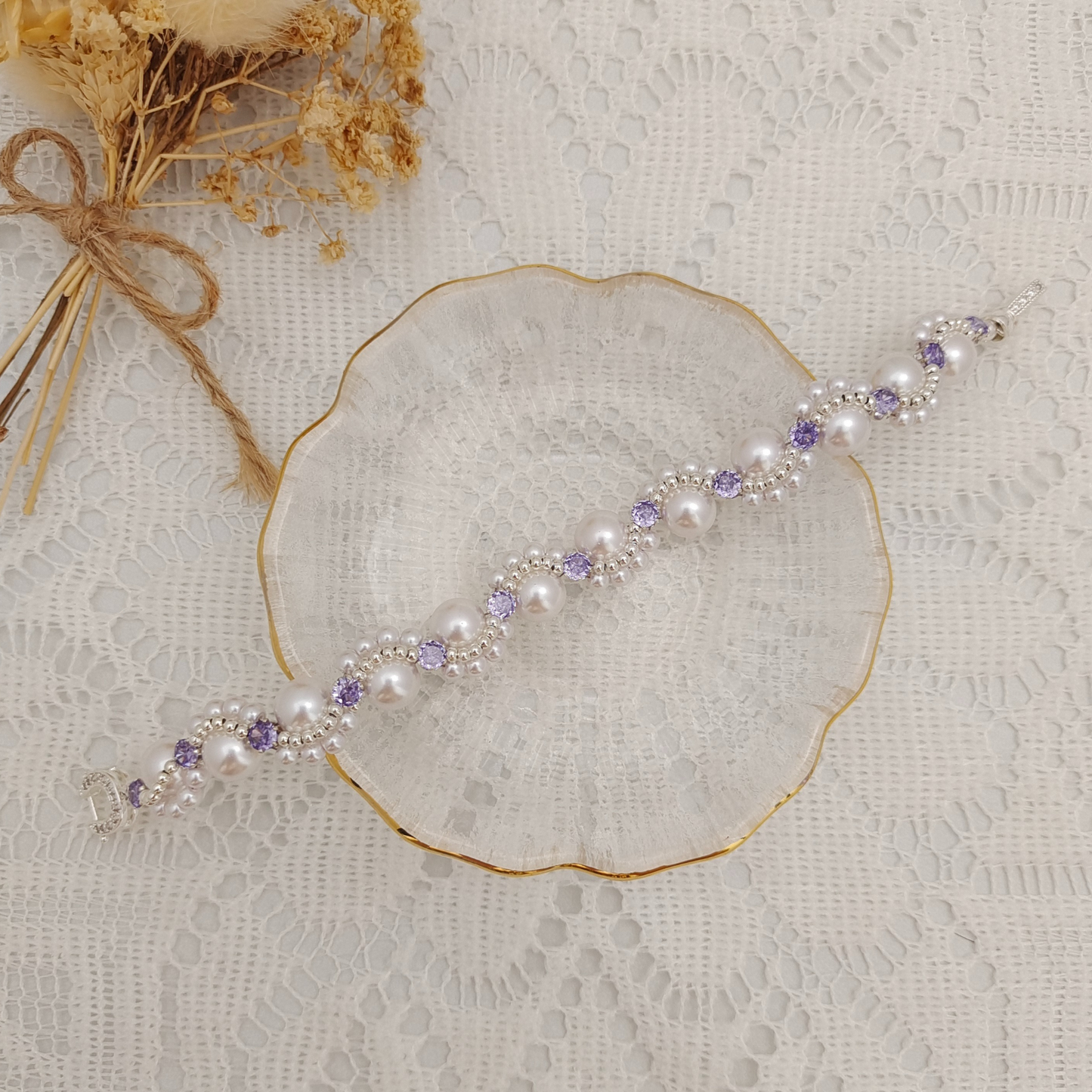 【No.87】Handmade Bracelet – Nebula with 8mm Pearls & CZ Beads | Celestial Style Jewelry