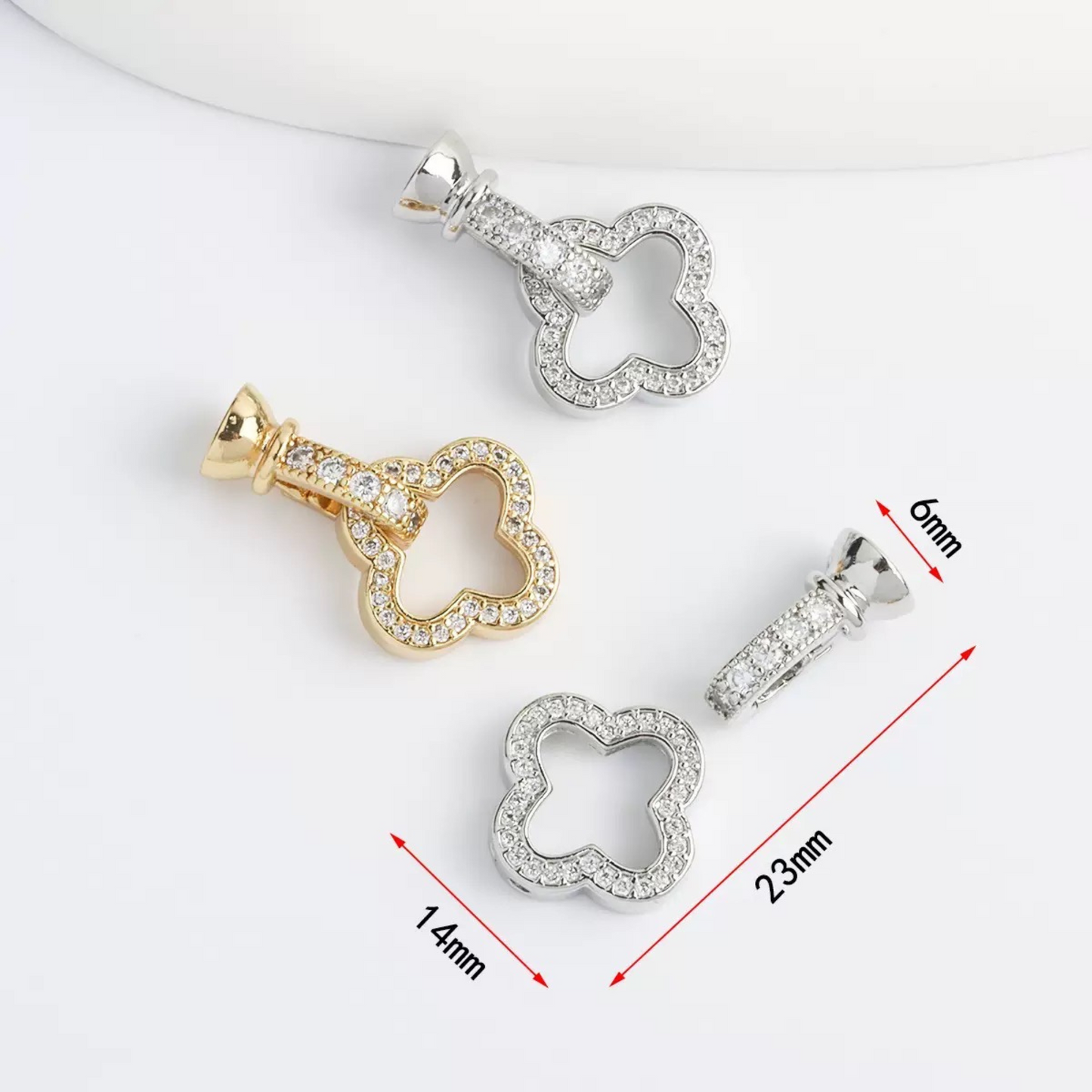 【B21】2PCS Four-Leaf Clover End Clasp – Full Rhinestone | 23×14mm Copper DIY Jewelry Connector