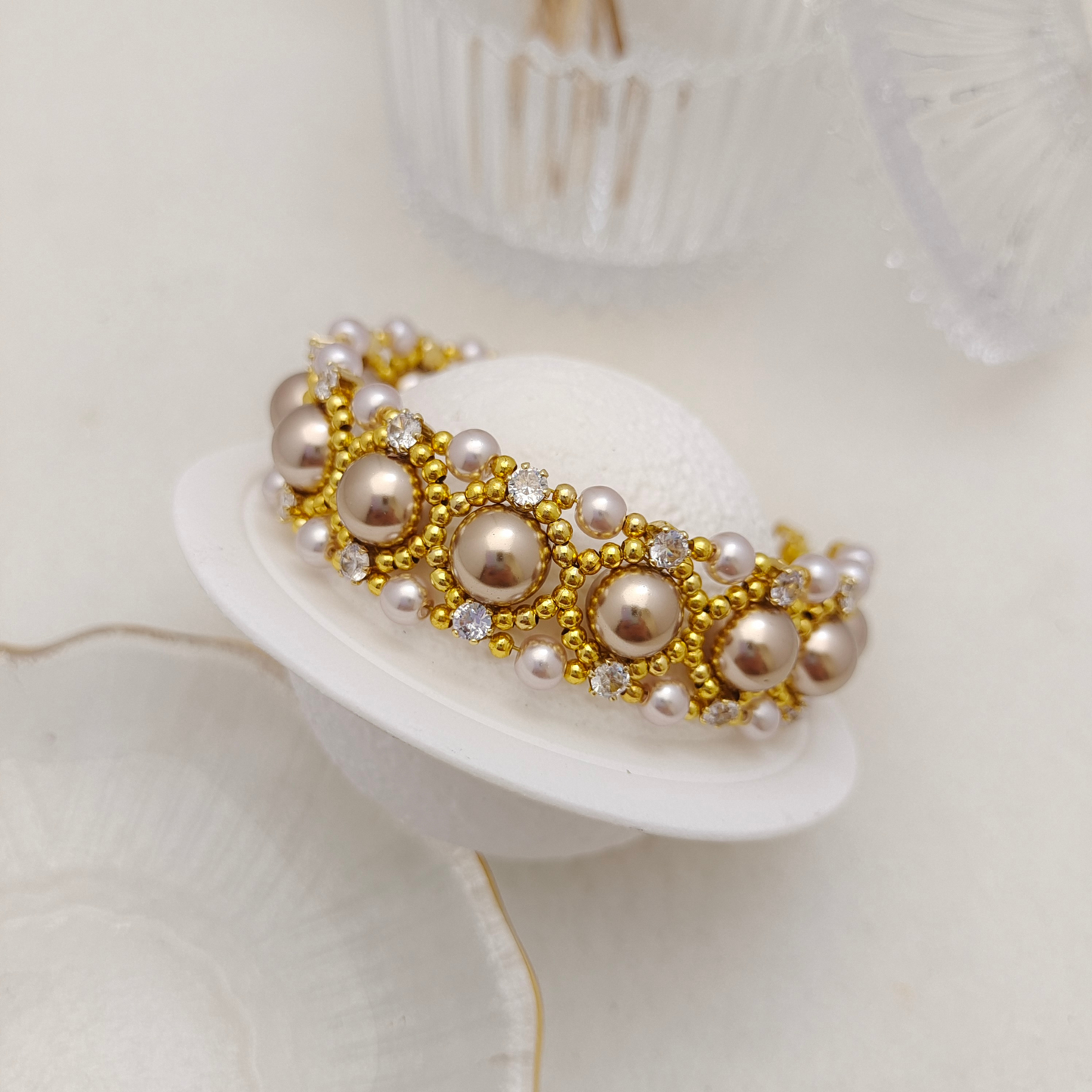 【No.114】DIY Beading Kit | Aureate Bead Blossom Bracelet Materials + Full Tutorial | Pearls, CZ Beads & Lollipop O-Clasp