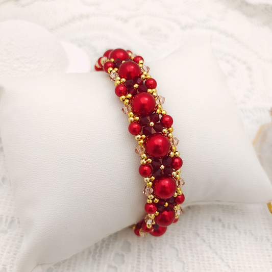 【No.101】Handmade Bracelet – “Passion” Red & Pink Crystal with Pearls | Elegant DIY Jewelry Design