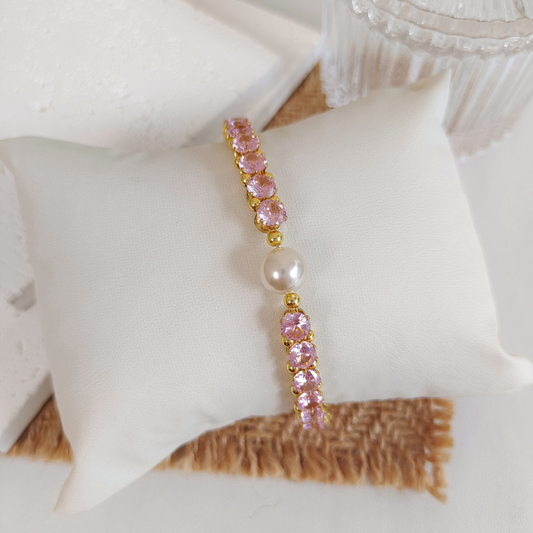【No.47】 DIY Lady Pink Handmade Bracelet with Pink Zircon and Pearl – Gold Finish Beaded Jewelry Gift for Her