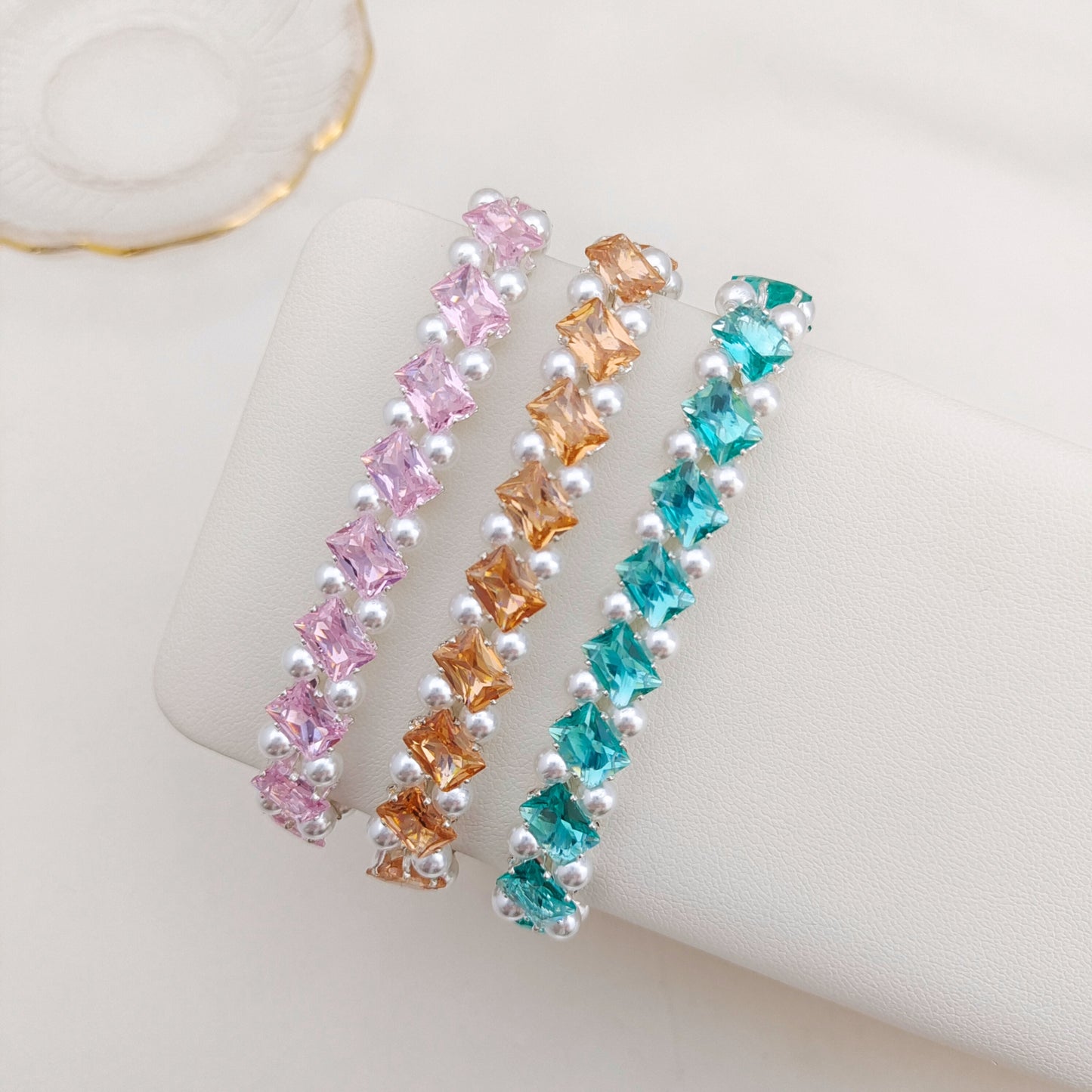 【No.176】DIY Square Zircon Pearl Bracelet Making Kit | Handmade Square Zircon Pearl Bracelet  | Complete Bead Kit with Tutorial | 4*7mm Square Zircon 4mm Pearl Craft Kit iFCraftorium