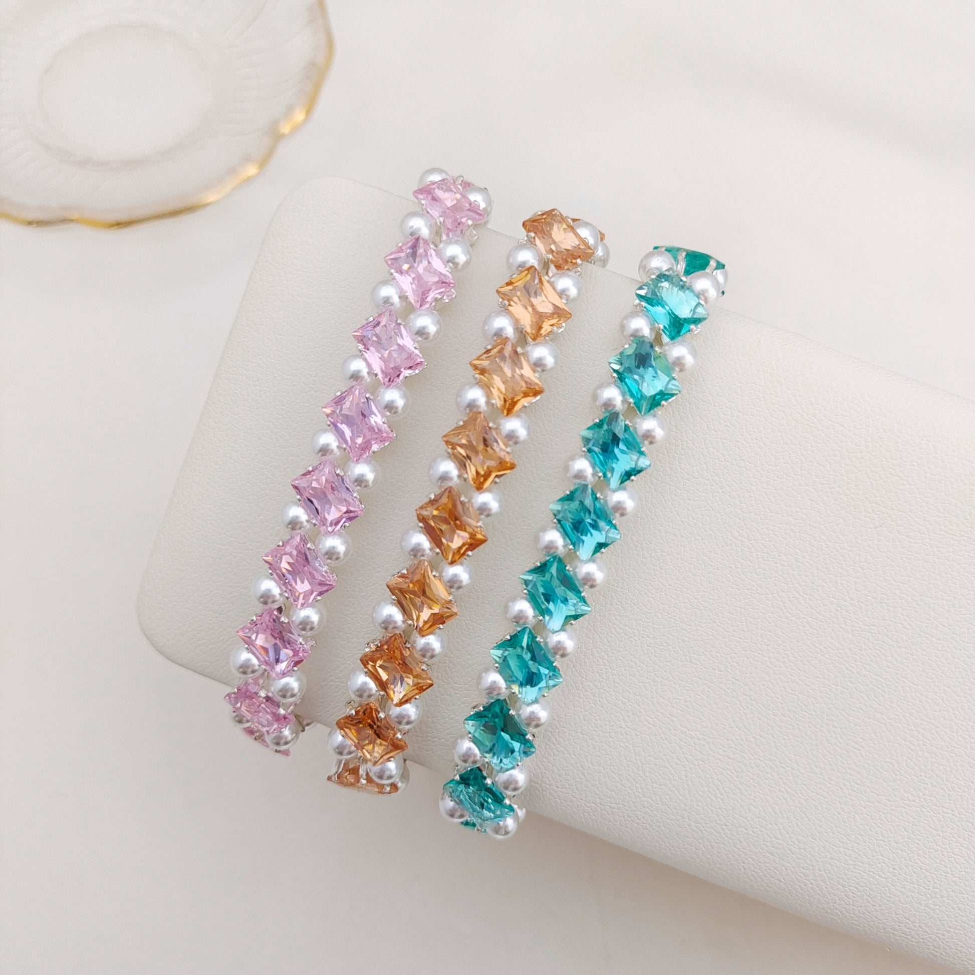 【No.176】DIY Square Zircon Pearl Bracelet Making Kit | Handmade Square Zircon Pearl Bracelet  | Complete Bead Kit with Tutorial | 4*7mm Square Zircon 4mm Pearl Craft Kit iFCraftorium