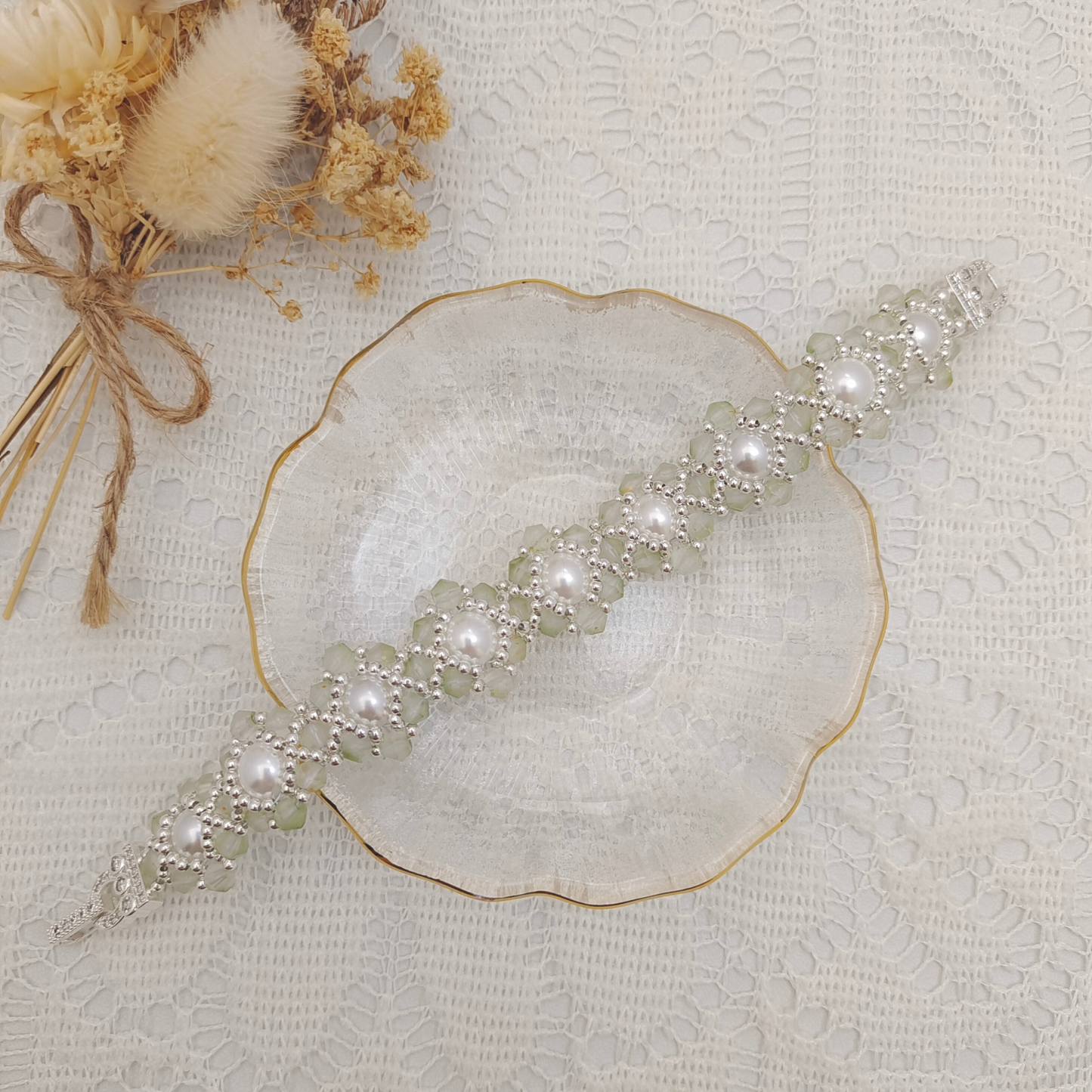 【No.85】 Handmade Bracelet – Summer Succulent with Pearls & Diamond Beads DIY Jewelry Craft Bracelet Gift for Her