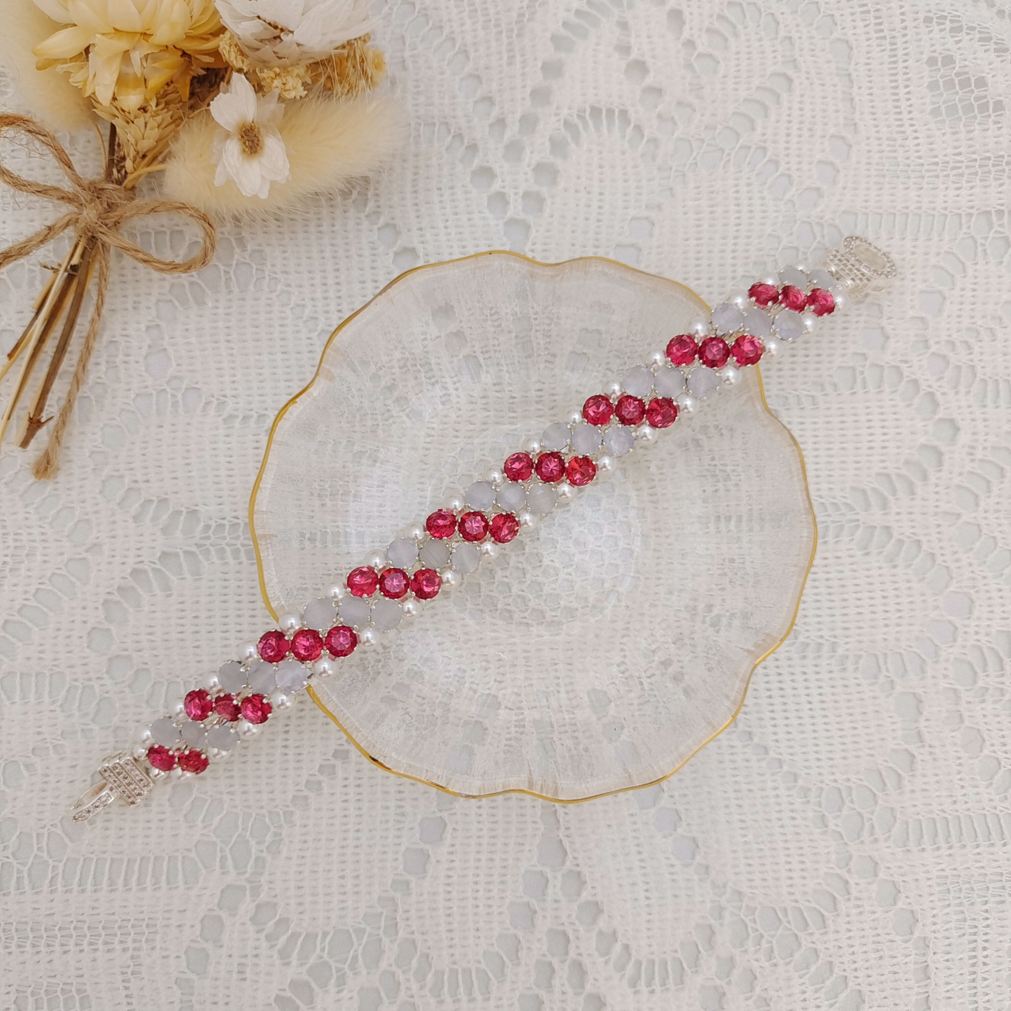 【No.90】Carnation Beaded Bracelet | Rose Red CZ & White Cat Eye with Pearls | Handmade Jewelry