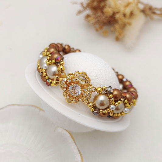 【No.110】Handmade Bracelet – Camellia Bloom | Pearls & Crystal Beads with Double-Row Camellia Clasp