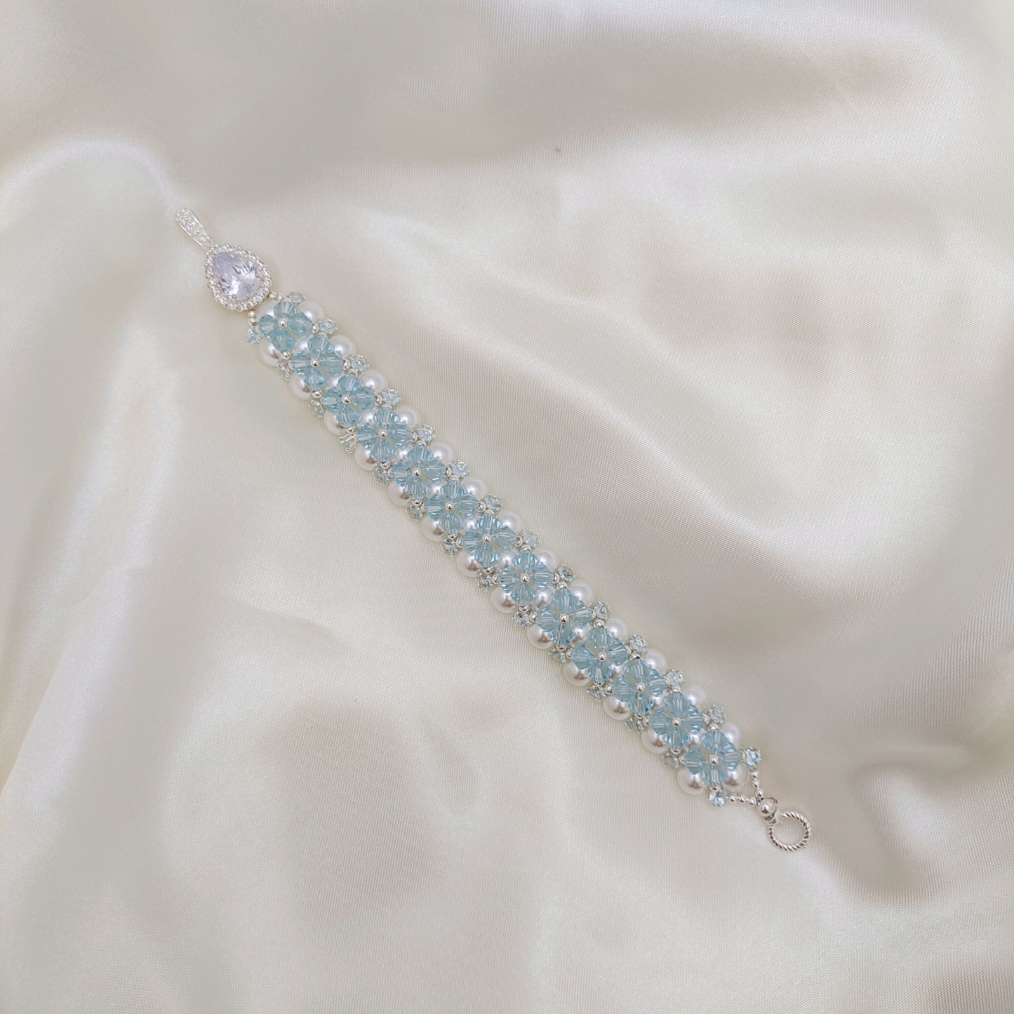 【No.79】 Tear of Mermaid Handmade Bracelet – 6mm Pearls, Crystals, CZ, with Teardrop Clasp DIY Craft Jewelry Gift for Her