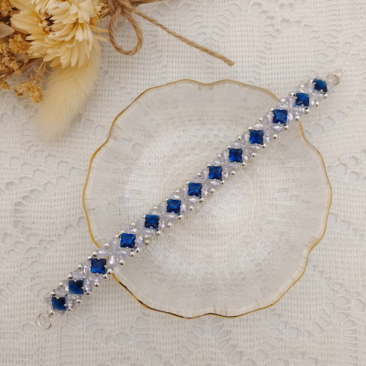 【No.82】 Handmade Bracelet – Blue Danube with CZ Square & Teardrop Beads | Universal Clasp DIY Jewlery Gift for Her