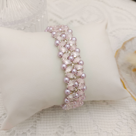 【No.99】Handmade Bracelet – Pink Fireworks with Lilac Pearls & Marquise Crystals | Elegant Beaded Jewelry Gift