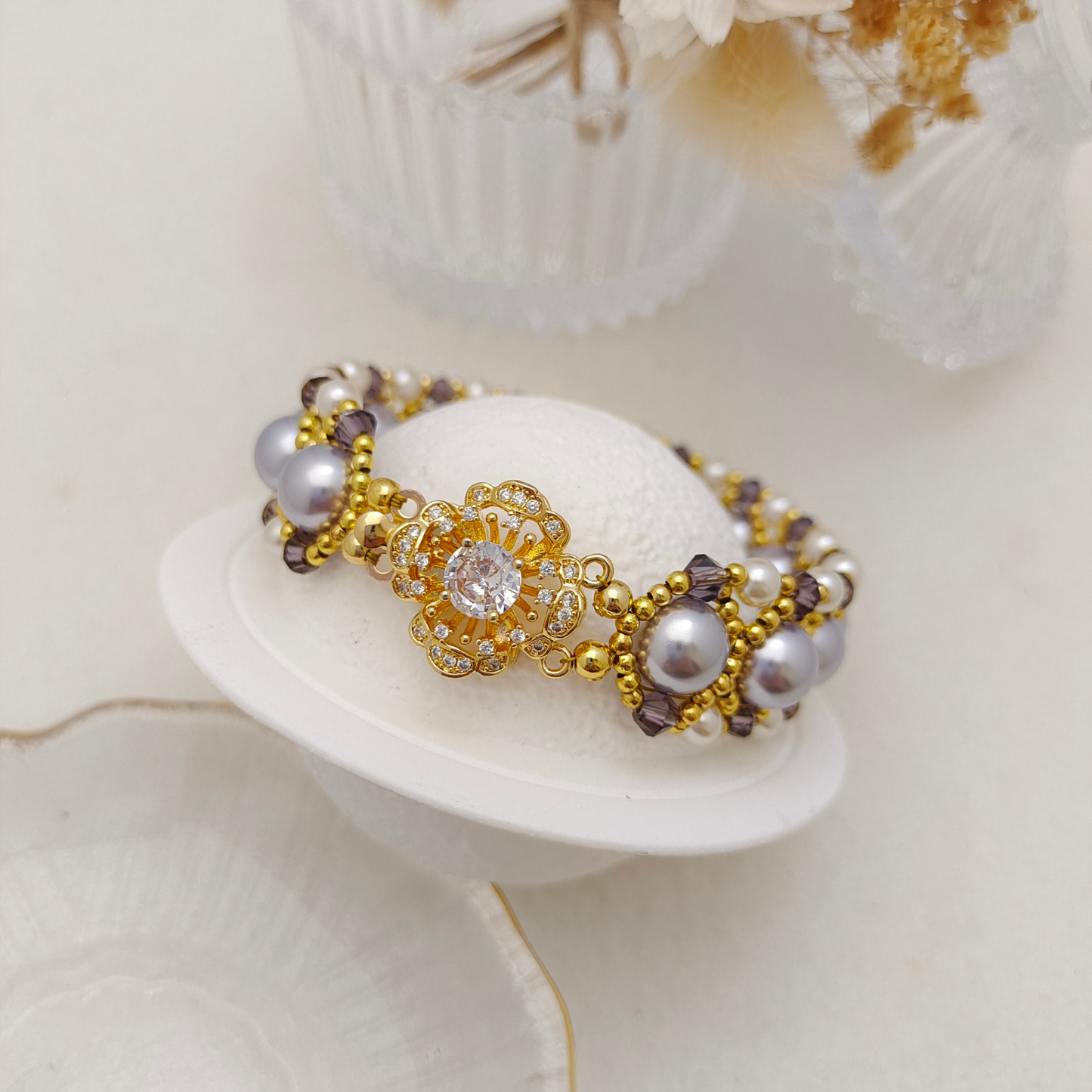 【No.113】DIY Beading Kit | Violet Pearl Weave Bracelet Materials + Full Tutorial | Pearls, Crystal Beads & Clasp Set