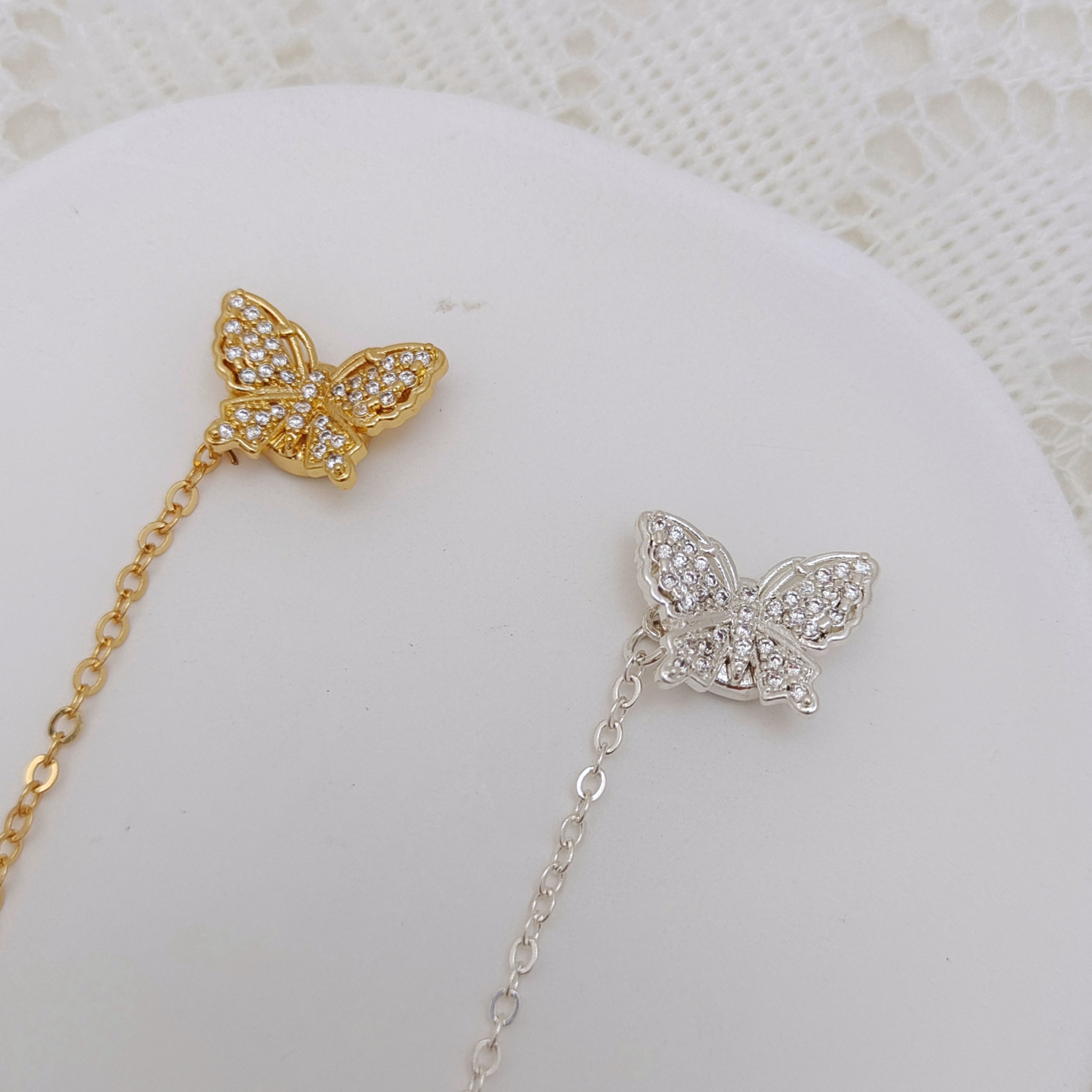 【B35】DIY Clasp – Full Zircon Dreamy Butterfly Magnetic Clasp with Safety Chain, 18K Gold/Thick Silver Plated, Tarnish Resistant, Jewelry Making Accessories