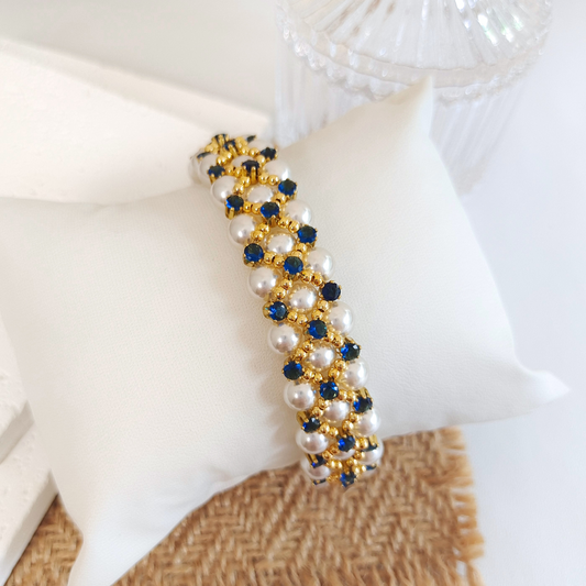【No.45】 Handmade Beaded Bracelet – Blue Phantom DIY Bracelet Design with Pearl & Gold Accents Beading Jewelry Gift for Her