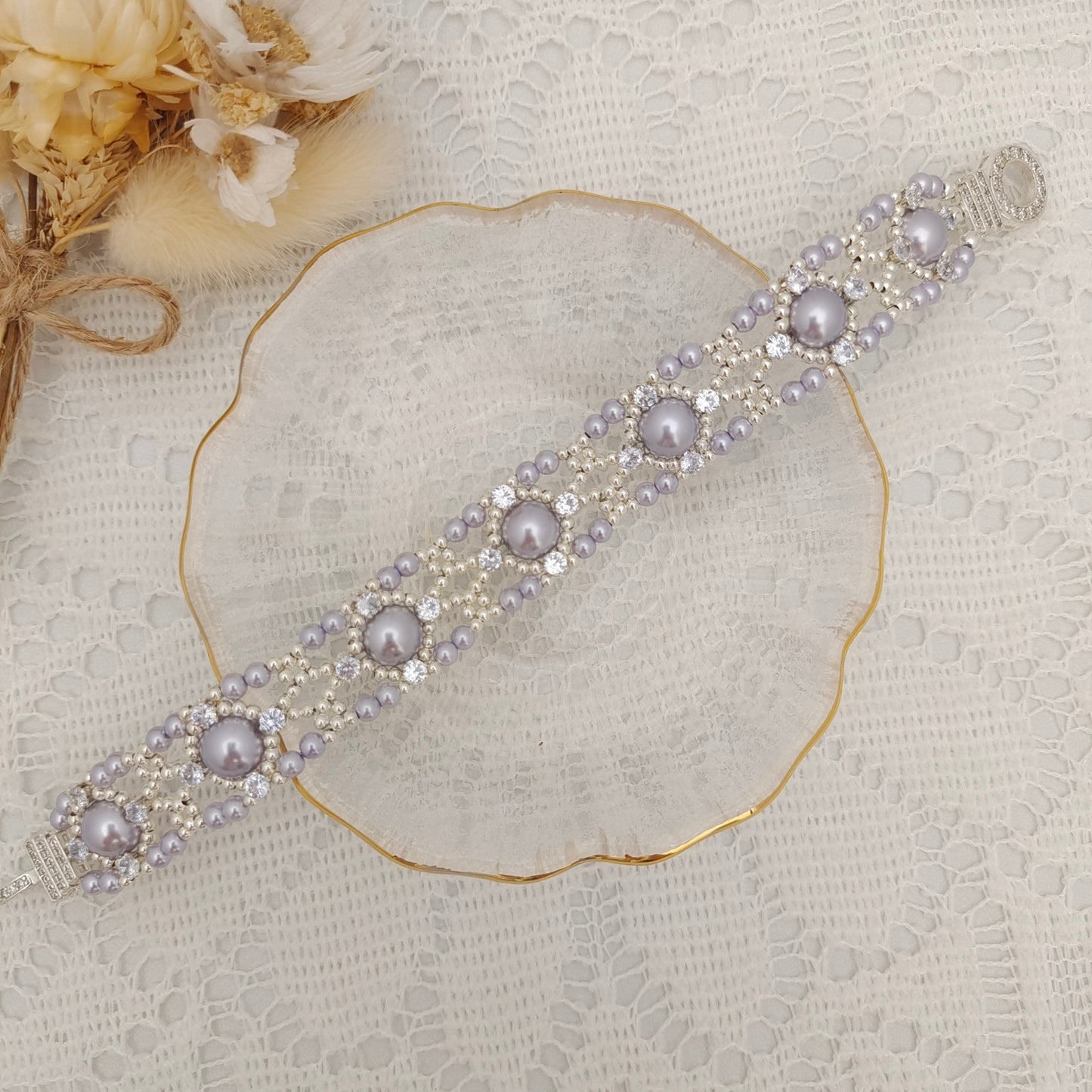 【No.104】Handmade Bracelet – Dream Weaver | Pearls & Zircon | Elegant DIY Jewelry